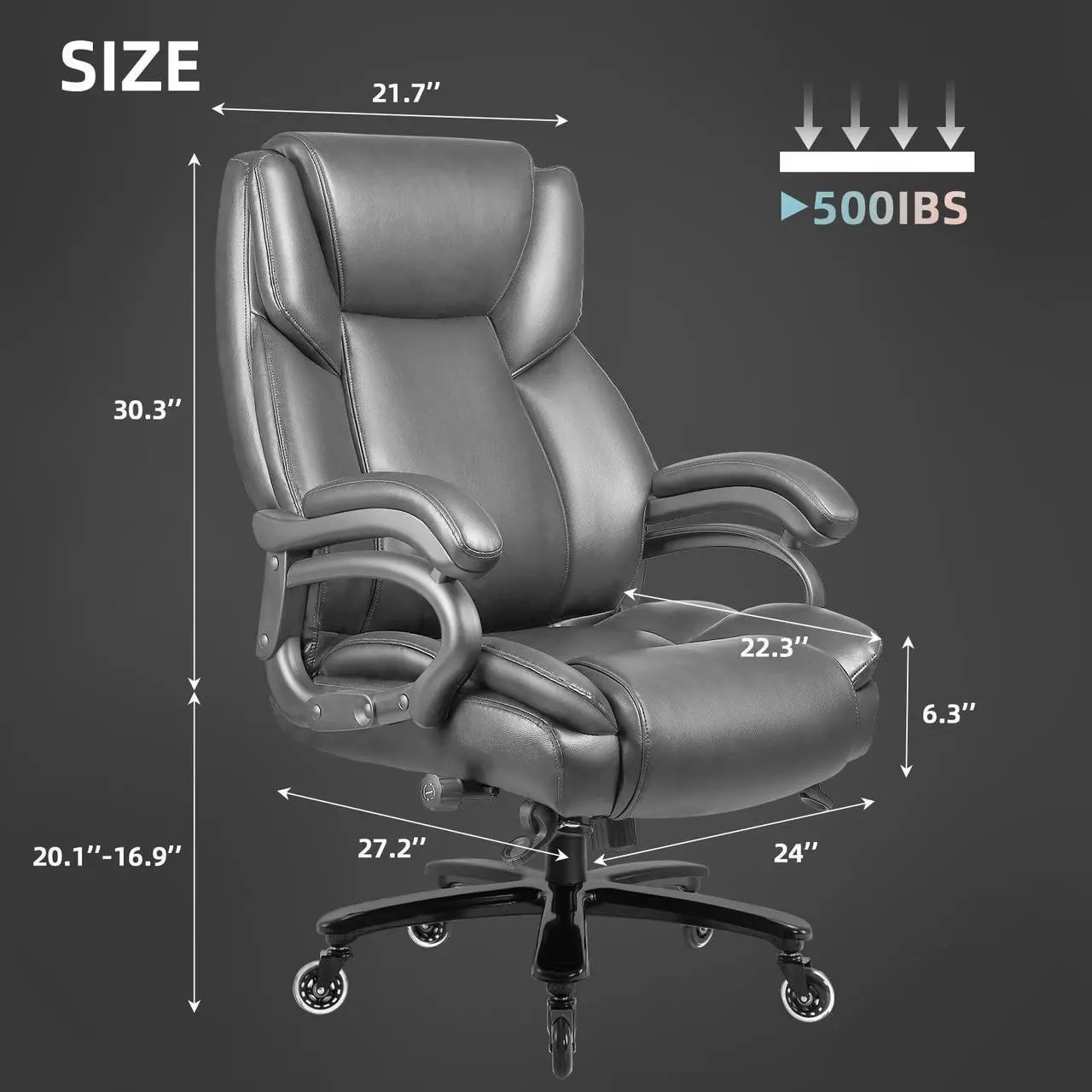 Alt view image 6 of 6 - VITESSE 500lbs Heavy Duty Office Chair for Low Back Pain Relief, Big and Tall Office Chair with Ergonomic Lumbar Support, High Back Executive Chair with Quiet Rubber Wheel
