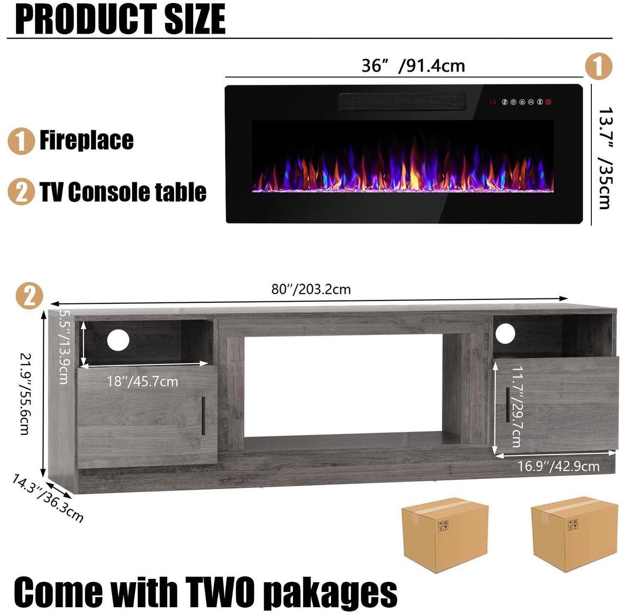 Alt view image 2 of 7 - VITESSE TV Stand with 36" inch Electric Fireplace Up to 90" TVs, LED Light Entertainment Center, 80" Modern Wood High Gloss Fireplace with Highlight Storage Cabinet for Living Room (Grey)