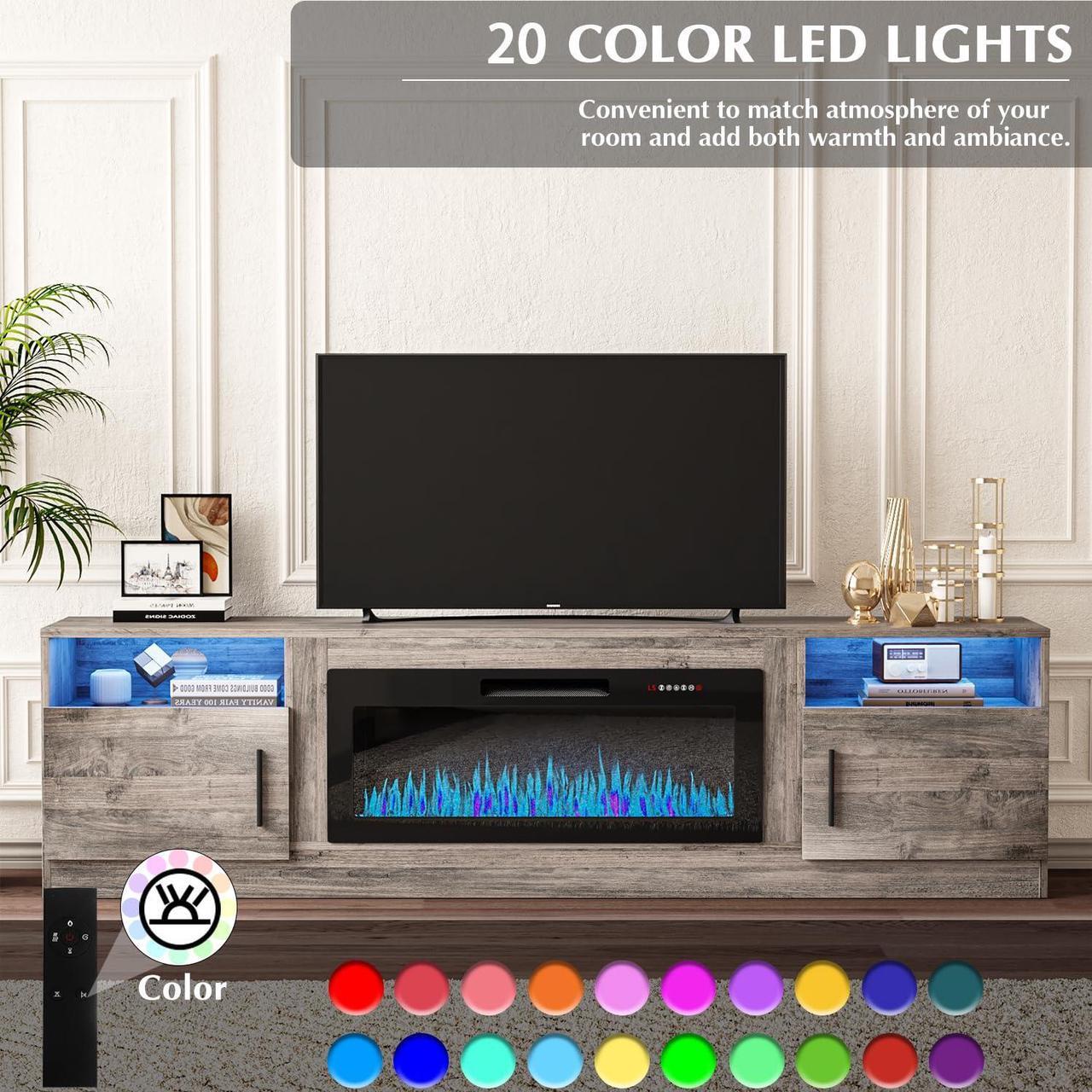 Alt view image 5 of 7 - VITESSE TV Stand with 36" inch Electric Fireplace Up to 90" TVs, LED Light Entertainment Center, 80" Modern Wood High Gloss Fireplace with Highlight Storage Cabinet for Living Room (Grey)