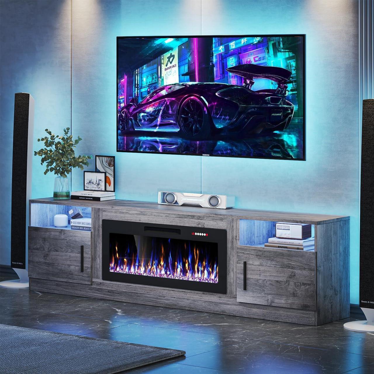 Alt view image 7 of 7 - VITESSE TV Stand with 36" inch Electric Fireplace Up to 90" TVs, LED Light Entertainment Center, 80" Modern Wood High Gloss Fireplace with Highlight Storage Cabinet for Living Room (Grey)