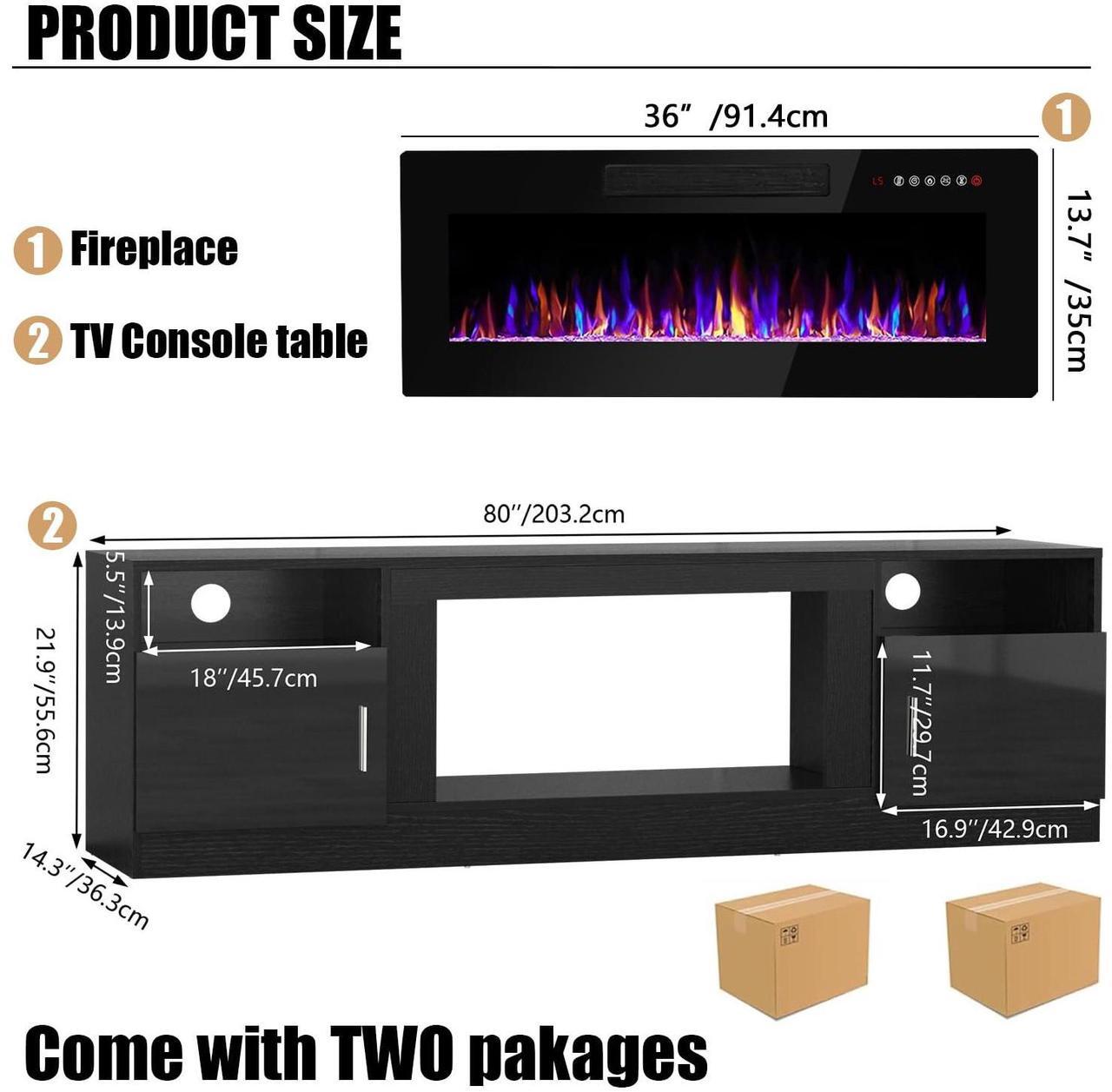 Alt view image 2 of 7 - VITESSE TV Stand with 36" inch Electric Fireplace Up to 90" TVs, LED Light Entertainment Center, 80" Modern Wood High Gloss Fireplace with Highlight Storage Cabinet for Living Room (Black)