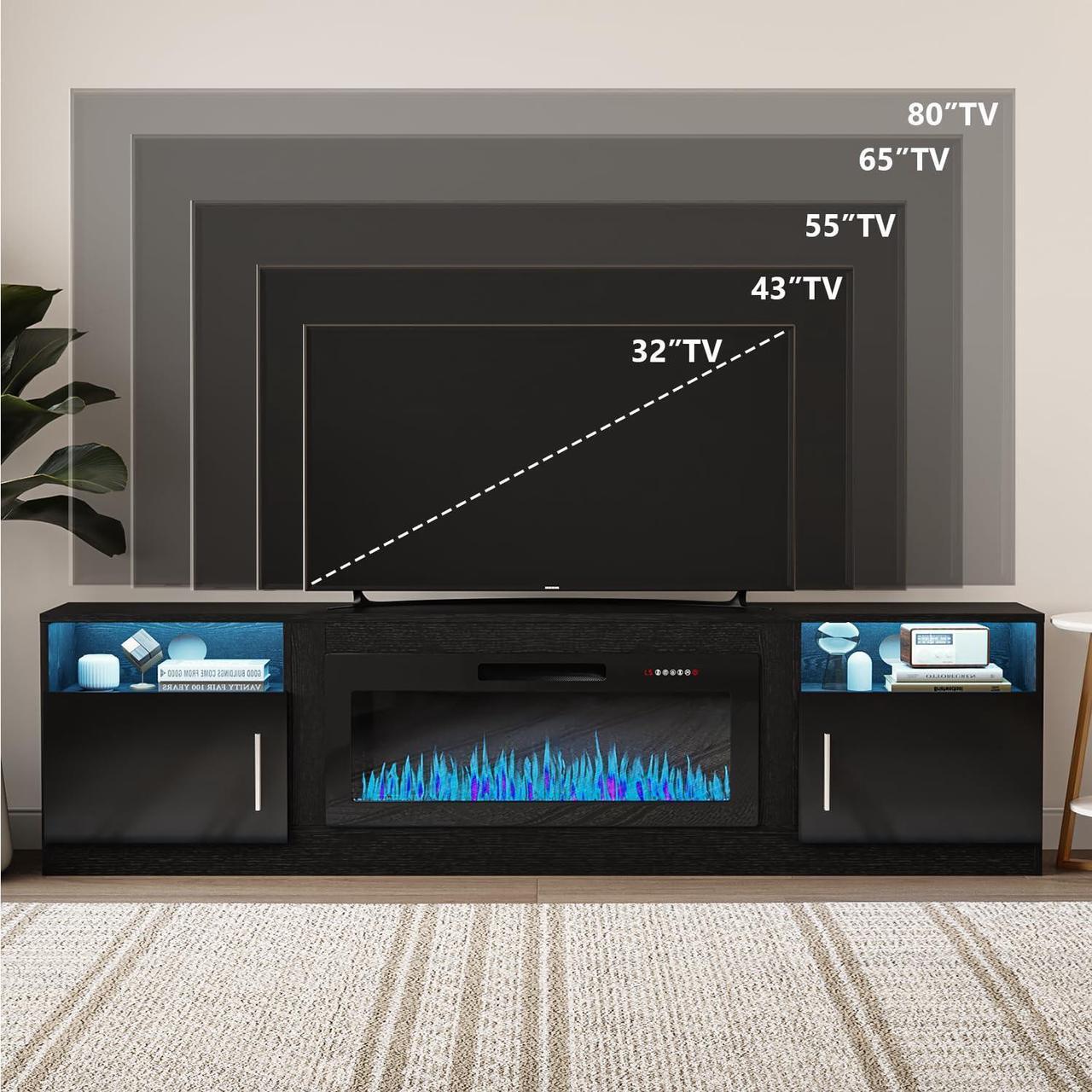 Alt view image 3 of 7 - VITESSE TV Stand with 36" inch Electric Fireplace Up to 90" TVs, LED Light Entertainment Center, 80" Modern Wood High Gloss Fireplace with Highlight Storage Cabinet for Living Room (Black)