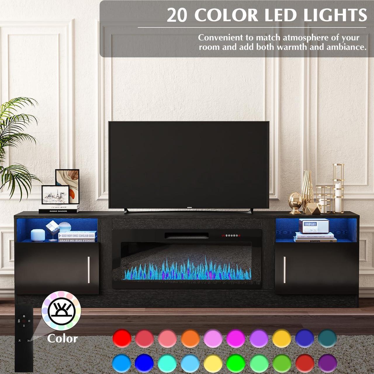 Alt view image 5 of 7 - VITESSE TV Stand with 36" inch Electric Fireplace Up to 90" TVs, LED Light Entertainment Center, 80" Modern Wood High Gloss Fireplace with Highlight Storage Cabinet for Living Room (Black)