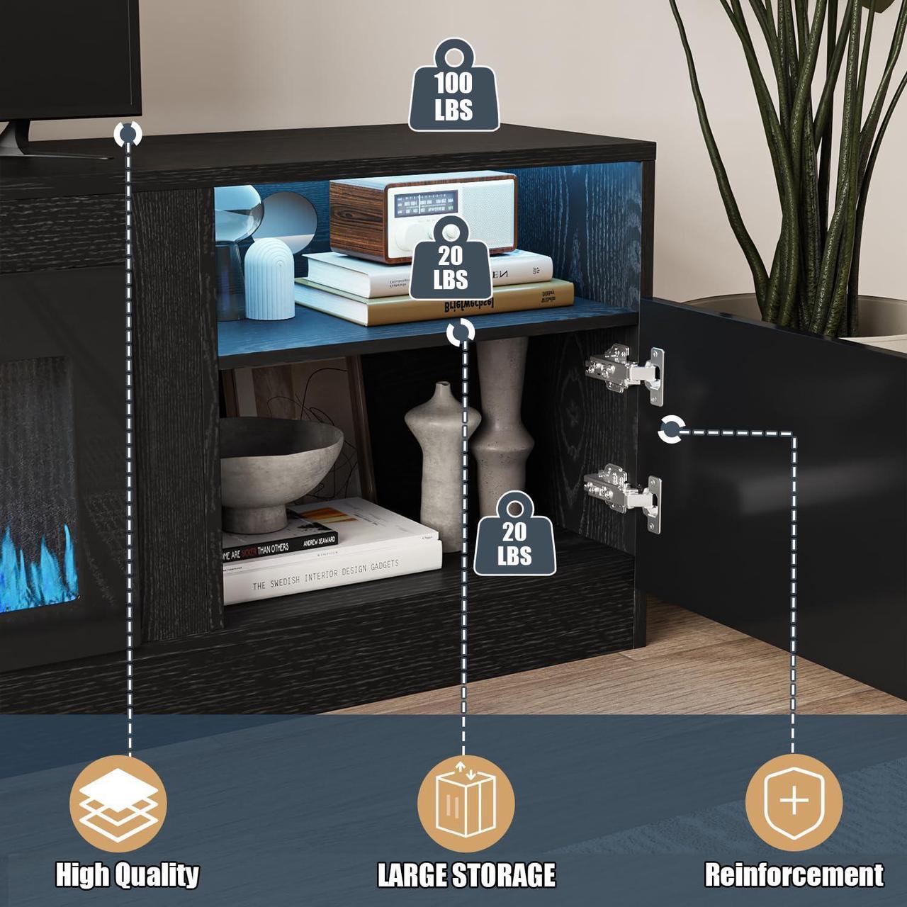Alt view image 6 of 7 - VITESSE TV Stand with 36" inch Electric Fireplace Up to 90" TVs, LED Light Entertainment Center, 80" Modern Wood High Gloss Fireplace with Highlight Storage Cabinet for Living Room (Black)