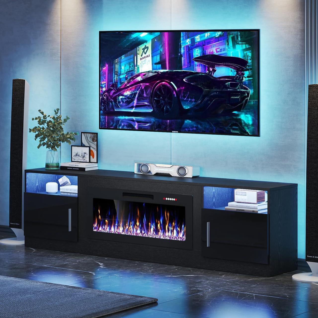 Alt view image 7 of 7 - VITESSE TV Stand with 36" inch Electric Fireplace Up to 90" TVs, LED Light Entertainment Center, 80" Modern Wood High Gloss Fireplace with Highlight Storage Cabinet for Living Room (Black)