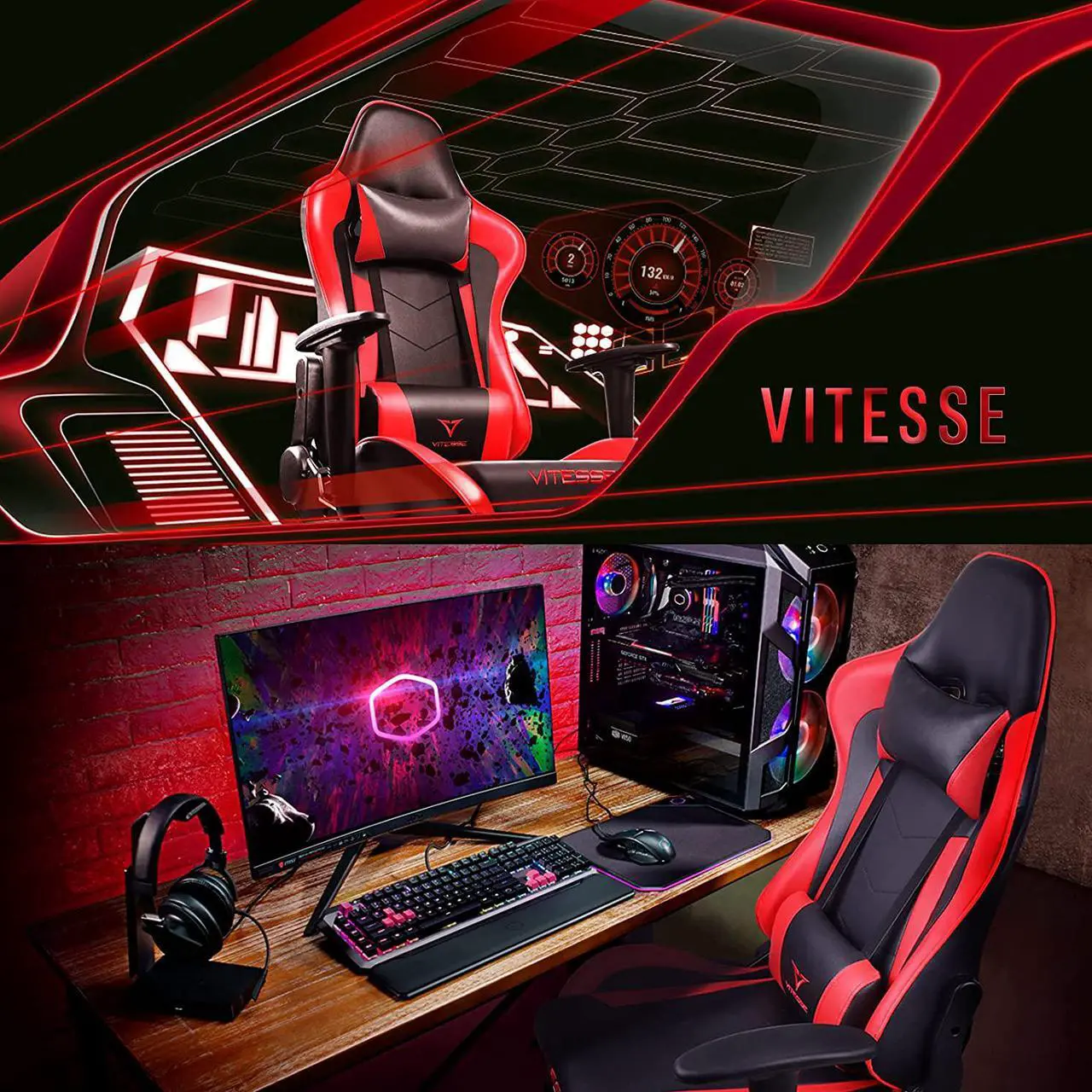 Alt view image 3 of 7 - Vitesse Gaming Office Chair with Carbon Fiber Design, High Back Racing Style Seat, Swivel, Lumbar Support and Headrest (Red)