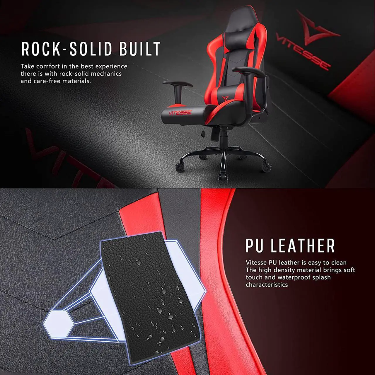 Alt view image 4 of 7 - Vitesse Gaming Office Chair with Carbon Fiber Design, High Back Racing Style Seat, Swivel, Lumbar Support and Headrest (Red)