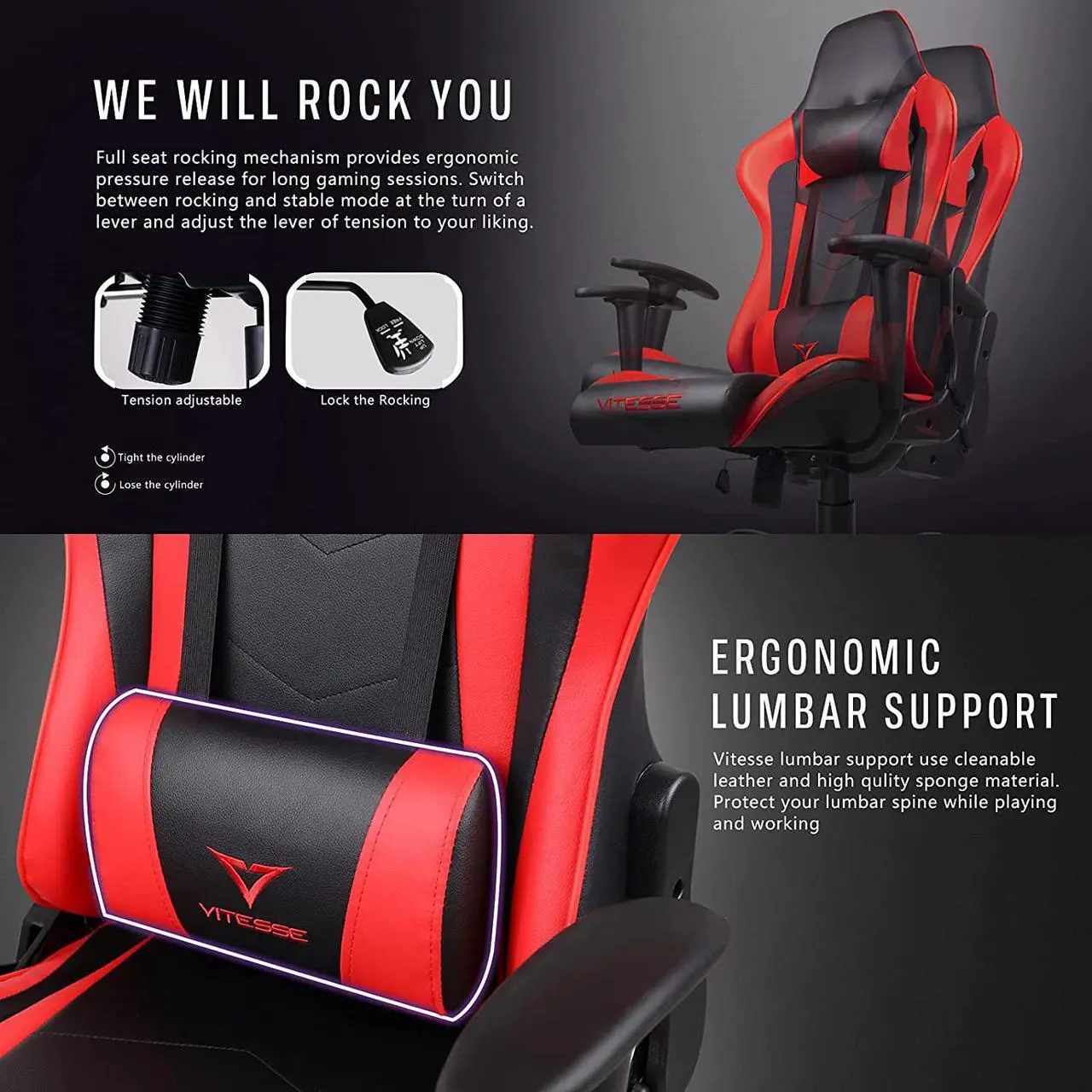 Alt view image 7 of 7 - Vitesse Gaming Office Chair with Carbon Fiber Design, High Back Racing Style Seat, Swivel, Lumbar Support and Headrest (Red)