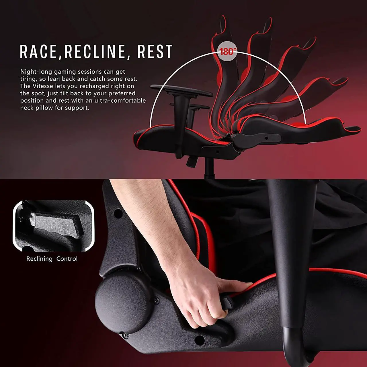 Alt view image 6 of 7 - Vitesse Gaming Office Chair with Carbon Fiber Design, High Back Racing Style Seat, Swivel, Lumbar Support and Headrest (Red)