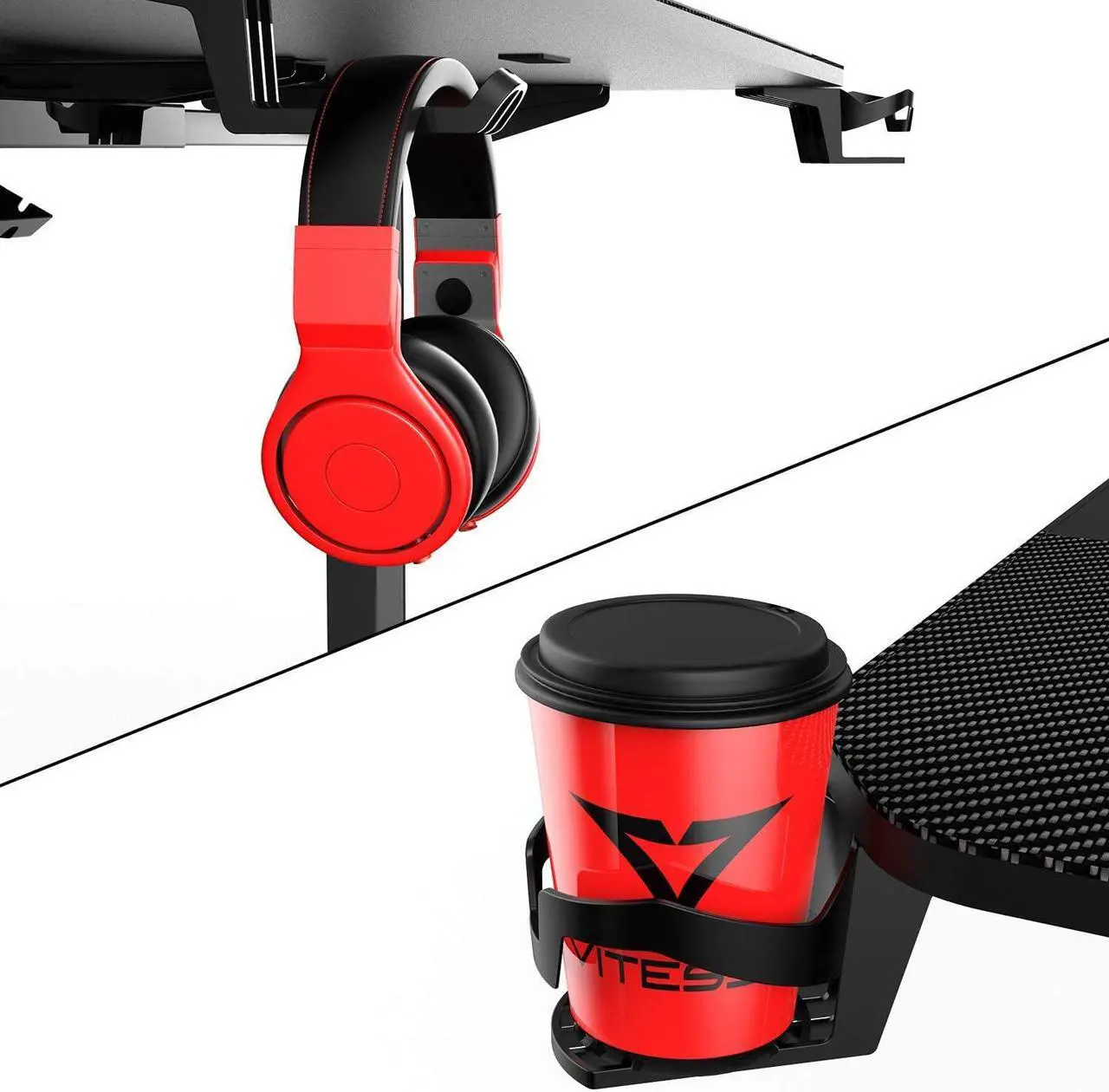 Alt view image 6 of 7 - Vitesse 63 inch Gaming Desk T Shaped Computer Desk with Free large Mouse pad, Racing Style Professional Gamer Game Station with USB Gaming Handle Rack, Cup Holder & Headphone Hook