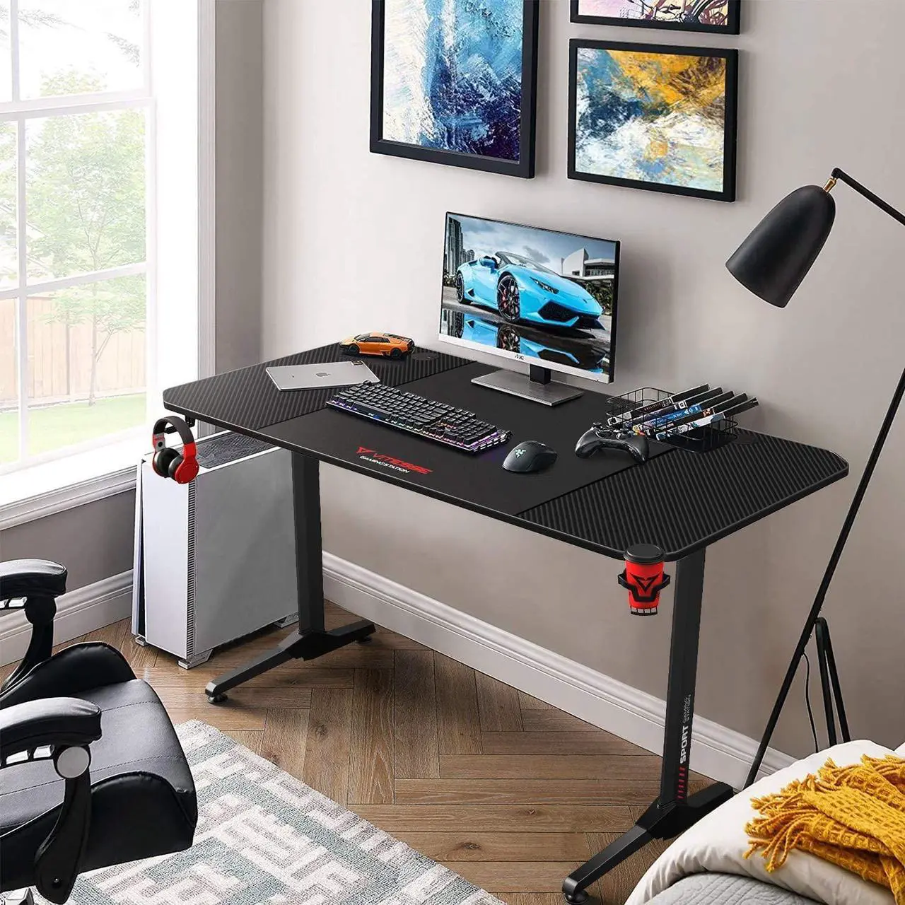 Alt view image 3 of 7 - Vitesse 63 inch Gaming Desk T Shaped Computer Desk with Free large Mouse pad, Racing Style Professional Gamer Game Station with USB Gaming Handle Rack, Cup Holder & Headphone Hook