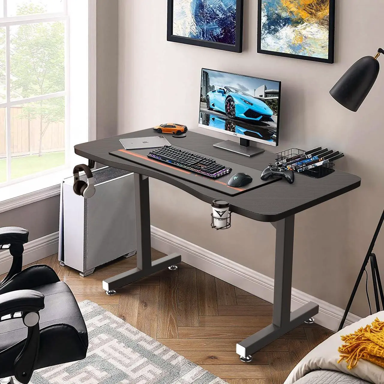 Alt view image 3 of 7 - Vitesse 40 inch Gaming Desk, Ergonomic Office PC Computer Desk with Desk Mouse Pad, T-Shaped Gamer Tables Pro with Gaming Handle Rack, Stand Cup Holder&Headphone Hook
