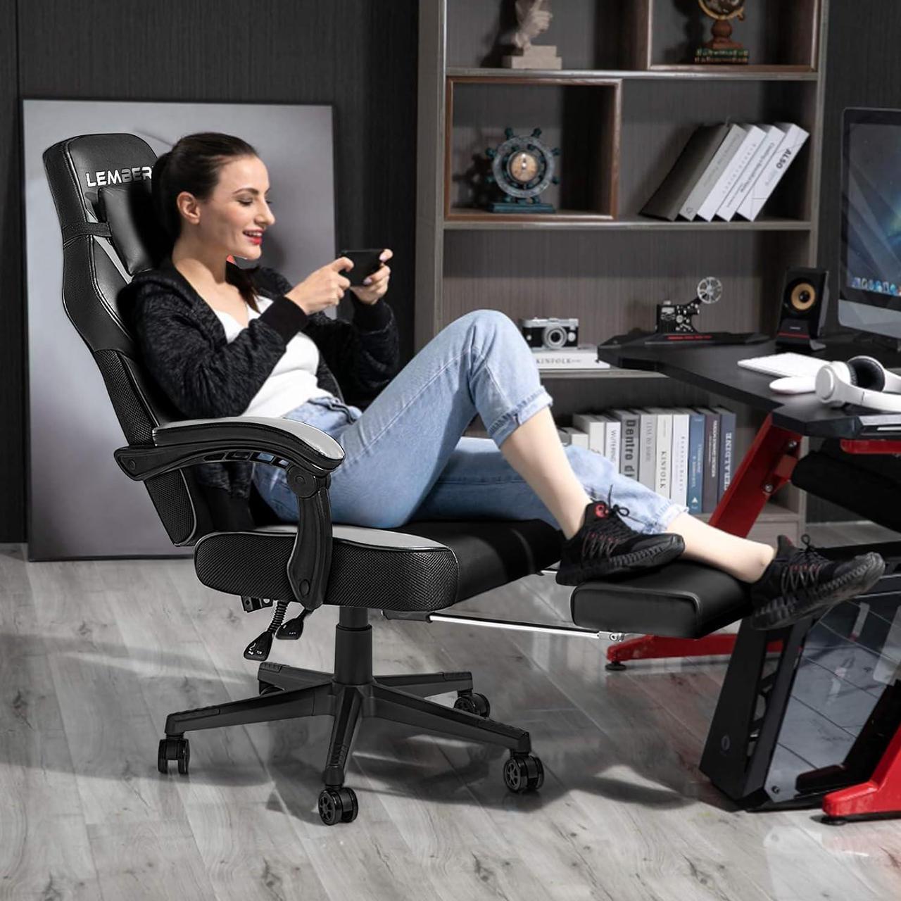Alt view image 2 of 7 - Vitesse Video Game Chairs with footrest,Gamer Chair for Adults,Big and Tall Chair, 400lb Capacity,Gaming Chairs for Teens,Racing Style Computer Chair with Headrest and Lumbar Support Grey