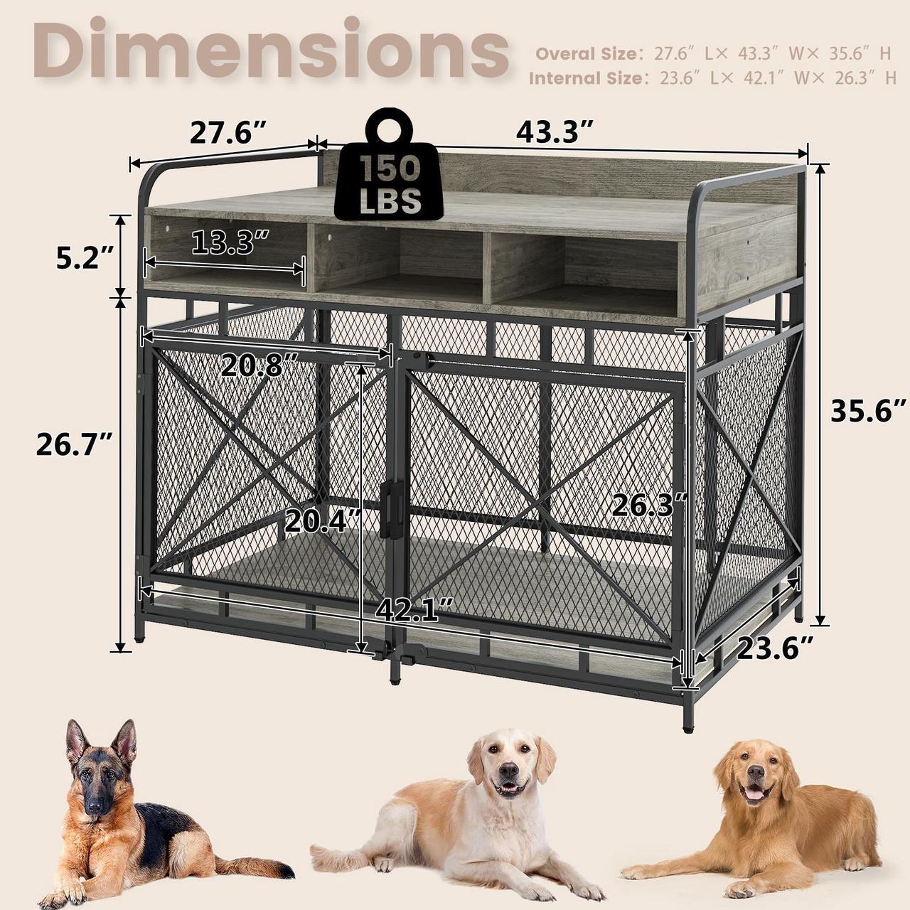 Alt view image 2 of 7 - Vitesse Large Dog Crate Furniture,43 Inch Wooden Dog Kennel with Storage Drawers, Heavy Duty Dogs Furniture Indoor with Wheels,Decorative Pet HouseEnd Table 43.3L x 27.6W x 35.6H Grey