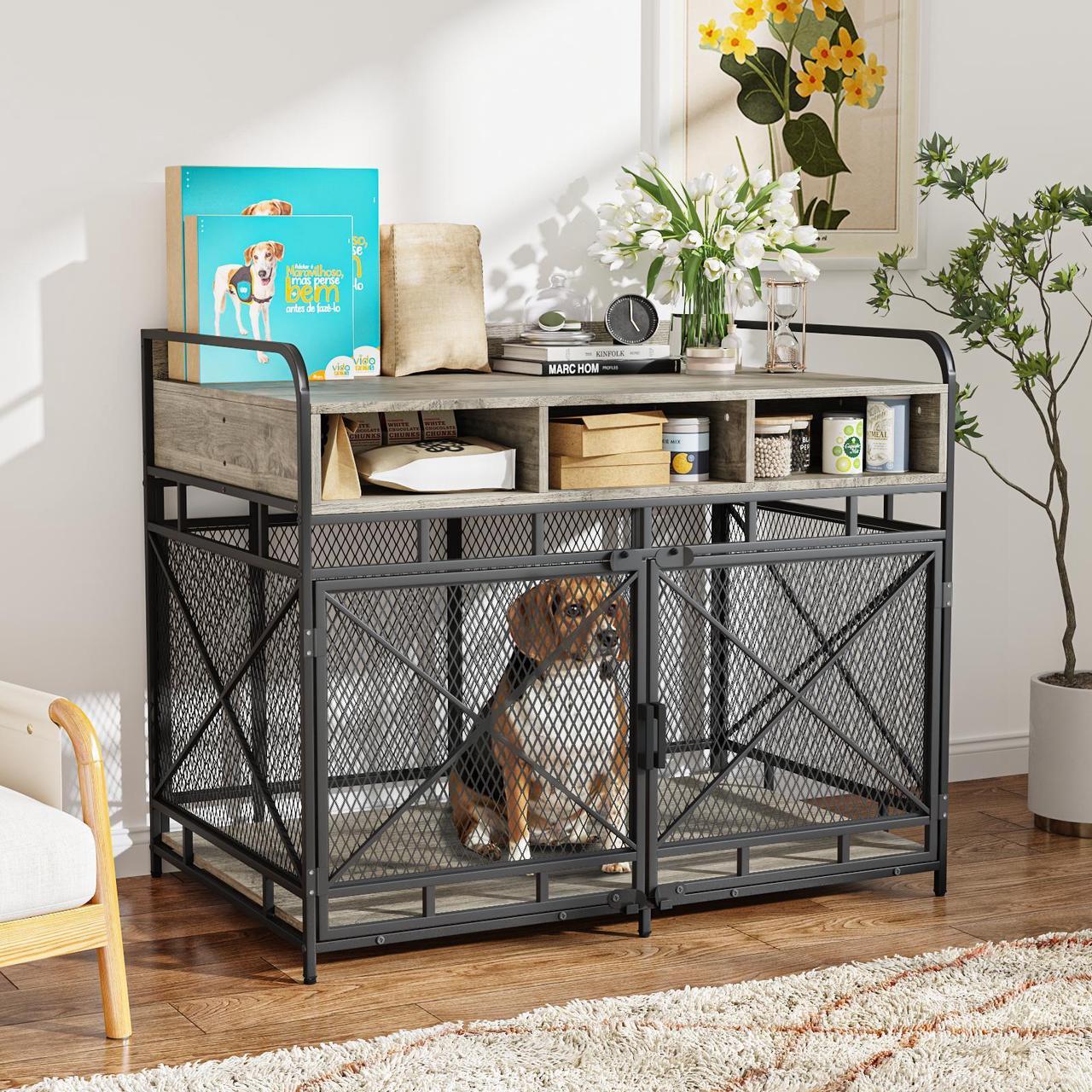 Alt view image 5 of 7 - Vitesse Large Dog Crate Furniture,43 Inch Wooden Dog Kennel with Storage Drawers, Heavy Duty Dogs Furniture Indoor with Wheels,Decorative Pet HouseEnd Table 43.3L x 27.6W x 35.6H Grey