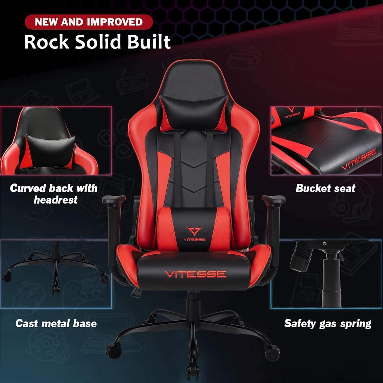 Alt view image 4 of 7 - Vitesse Gaming Office Chair with Carbon Fiber Design, High Back Racing Style Seat, Swivel, Lumbar Support and Headrest (Red)