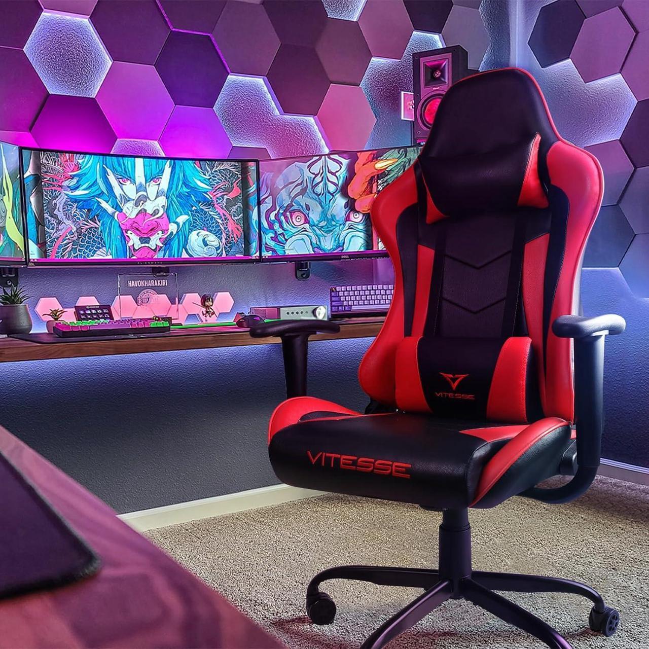 Alt view image 5 of 7 - Vitesse Gaming Office Chair with Carbon Fiber Design, High Back Racing Style Seat, Swivel, Lumbar Support and Headrest (Red)