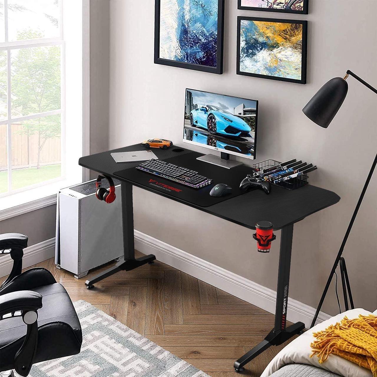 Alt view image 7 of 7 - Vitesse 55 inch Gaming Desk, Ergonomic Office PC Computer Desk with Full Desk Mouse Pad, T-Shaped Gamer Tables Pro with Gaming Handle Rack, Stand Cup Holder&Headphone Hook