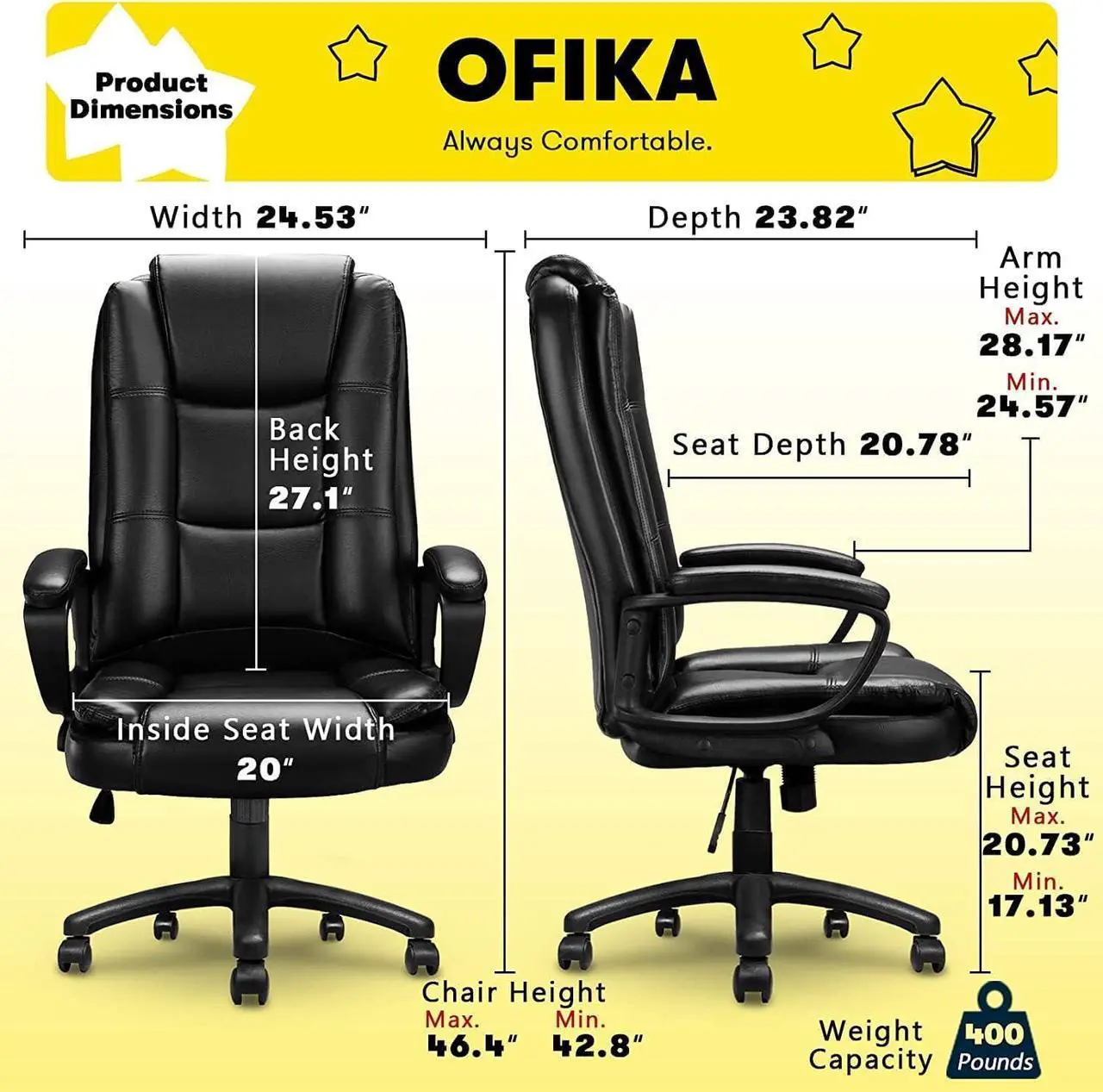 Alt view image 6 of 7 - Vitesse Home Office Chair, 300LBS 8Hours Heavy Duty Design, Ergonomic High Back Cushion Lumbar Back Support, Computer Desk Chair, Big and Tall Chair, Adjustable Executive Leather Chair With Arms