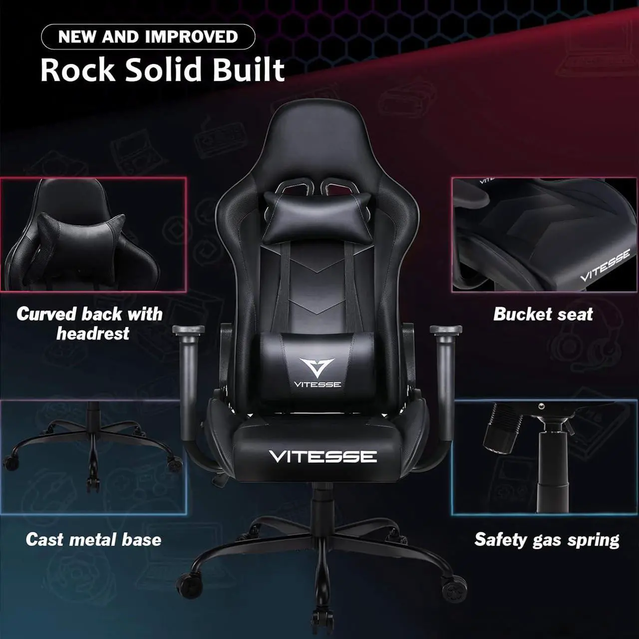 Alt view image 3 of 7 - Vitesse gaming chair, 2022 Racing style gamer chair for teens,Comfortable High Back game chair,Lumbar Support and Headrest Computer Chair with Height Adjustable Swivel Office Chair