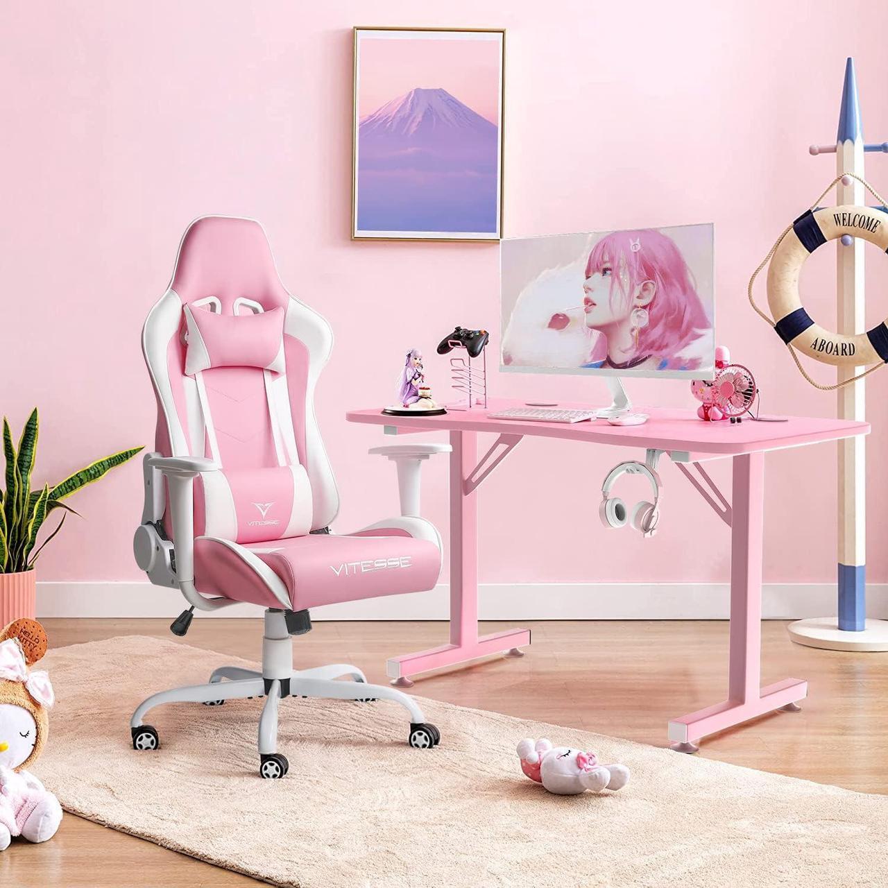 Alt view image 7 of 7 - Vitesse Gaming Chair,Pink Gaming Chair for Girl Ergonomic Office Desk Chair Racing Office Chair Adjustable High Back Chair Game Chair Swivel Leather Chair with Lumbar Support and Headrest