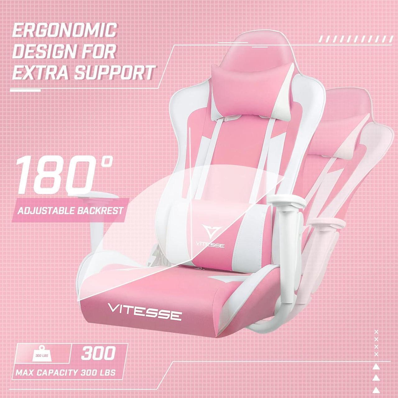 Alt view image 4 of 7 - Vitesse Gaming Chair,Pink Gaming Chair for Girl Ergonomic Office Desk Chair Racing Office Chair Adjustable High Back Chair Game Chair Swivel Leather Chair with Lumbar Support and Headrest