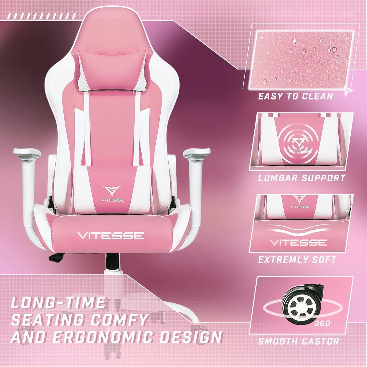 Alt view image 5 of 7 - Vitesse Gaming Chair,Pink Gaming Chair for Girl Ergonomic Office Desk Chair Racing Office Chair Adjustable High Back Chair Game Chair Swivel Leather Chair with Lumbar Support and Headrest
