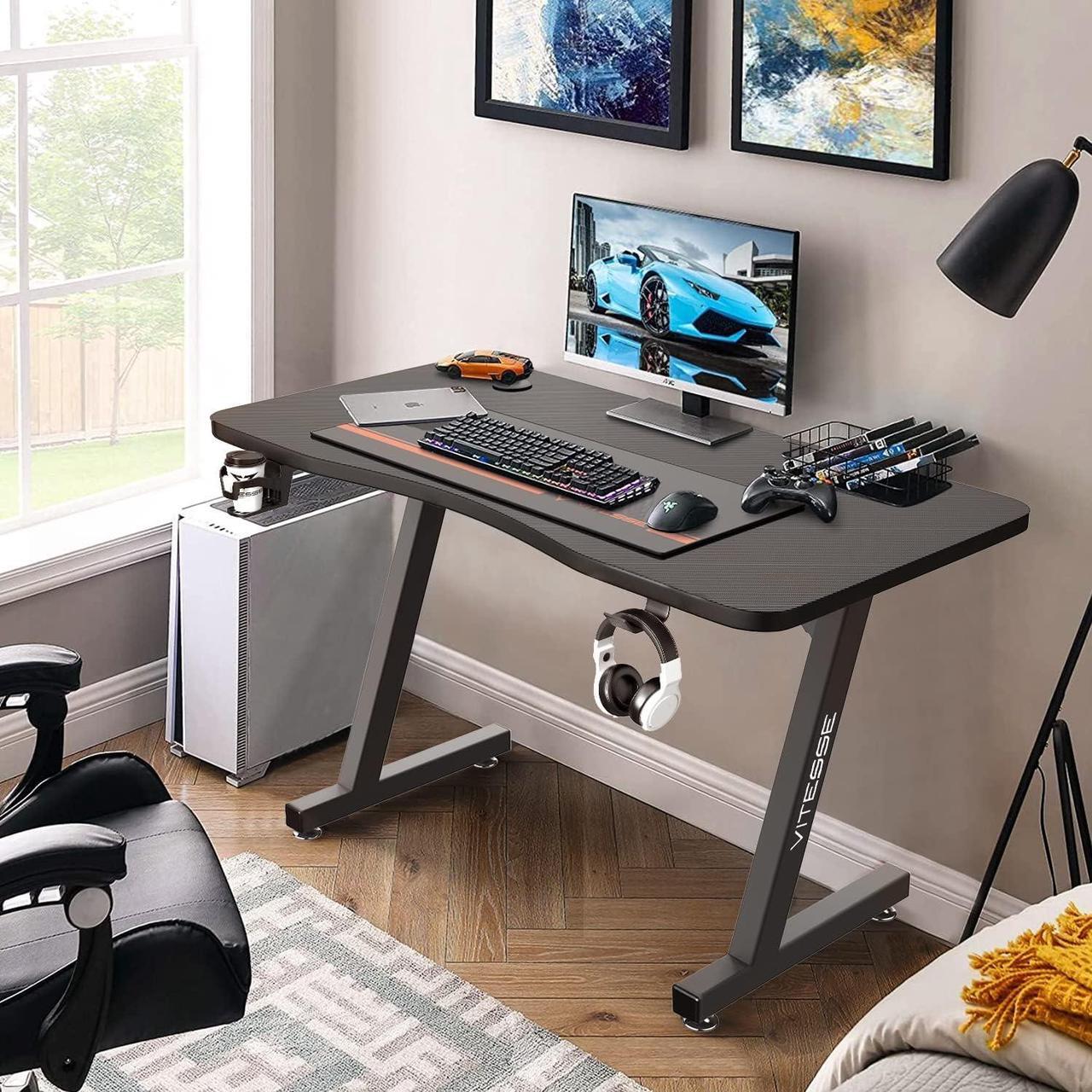 Alt view image 5 of 7 - VITESSE Gaming Desk 40 inch,PC Gaming Table,T-Shaped Gaming Computer Desk with Free Mouse Pad,Racing Style Professional Gamer Game Station,Carbon Fiber Home Office Desk with Cup Holder&Headphone Hook