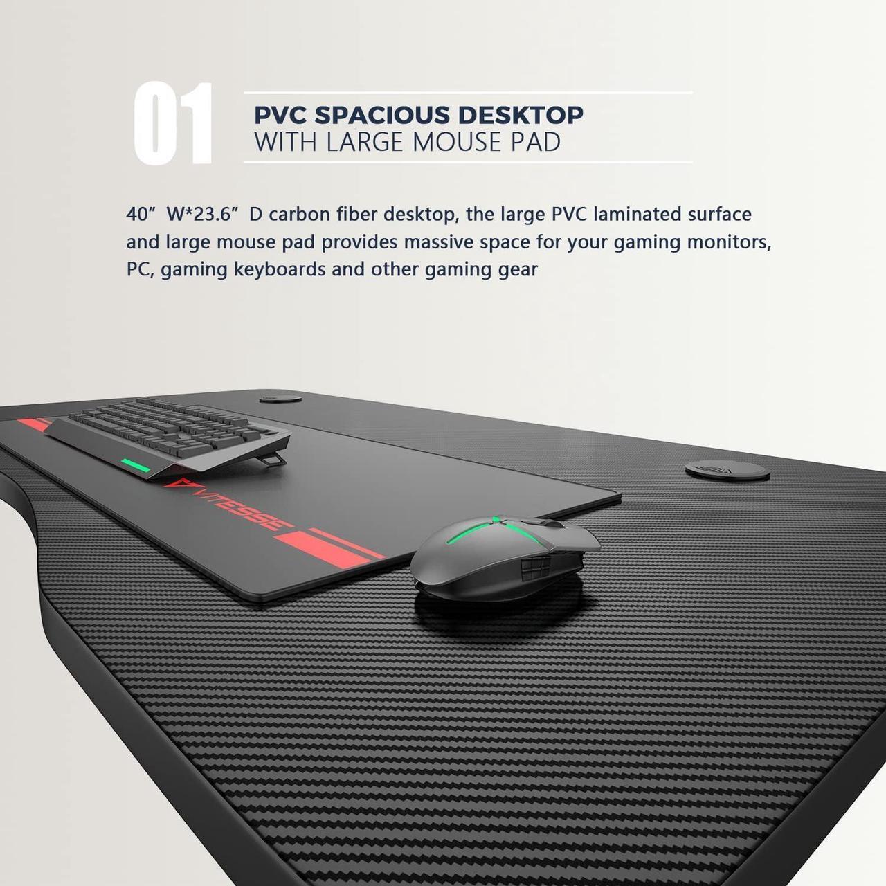 Alt view image 2 of 7 - VITESSE Gaming Desk 40 inch,PC Gaming Table,T-Shaped Gaming Computer Desk with Free Mouse Pad,Racing Style Professional Gamer Game Station,Carbon Fiber Home Office Desk with Cup Holder&Headphone Hook
