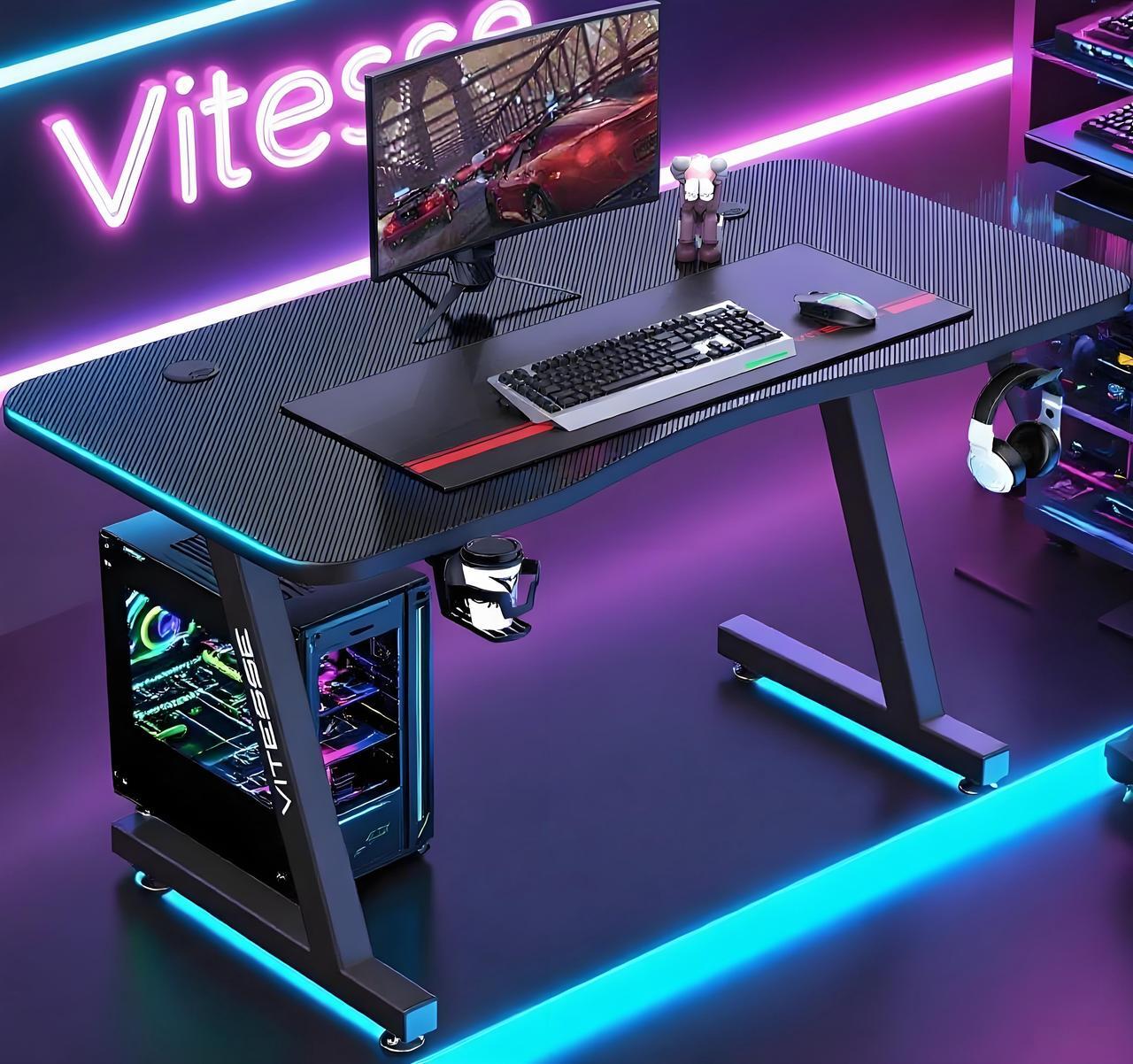 Main image of Vitesse 55 inch Gaming Desk, Ergonomic Office PC Computer Desk with Full Desk Mouse Pad, T-Shaped Gamer Tables Pro with Gaming Handle Rack, Stand Cup Holder&Headphone Hook