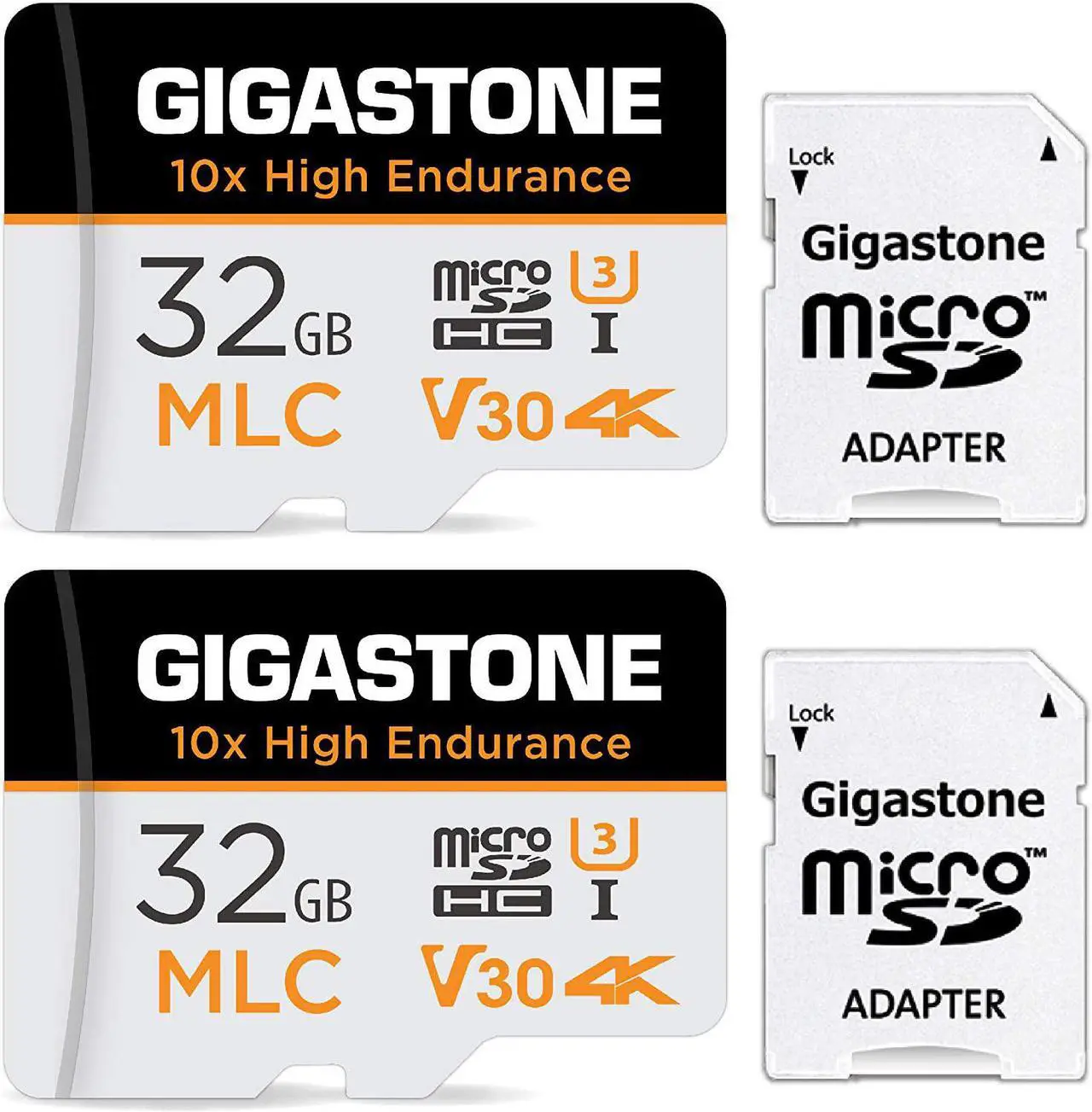 Main image of [10x High Endurance] Gigastone Industrial 32GB 2-Pack MLC Micro SD Card, 4K Video Recording, Security Cam, Dash Cam, Surveillance Compatible 95MB/s, U3 C10, with Adapter [5-Yrs Free Data Recover