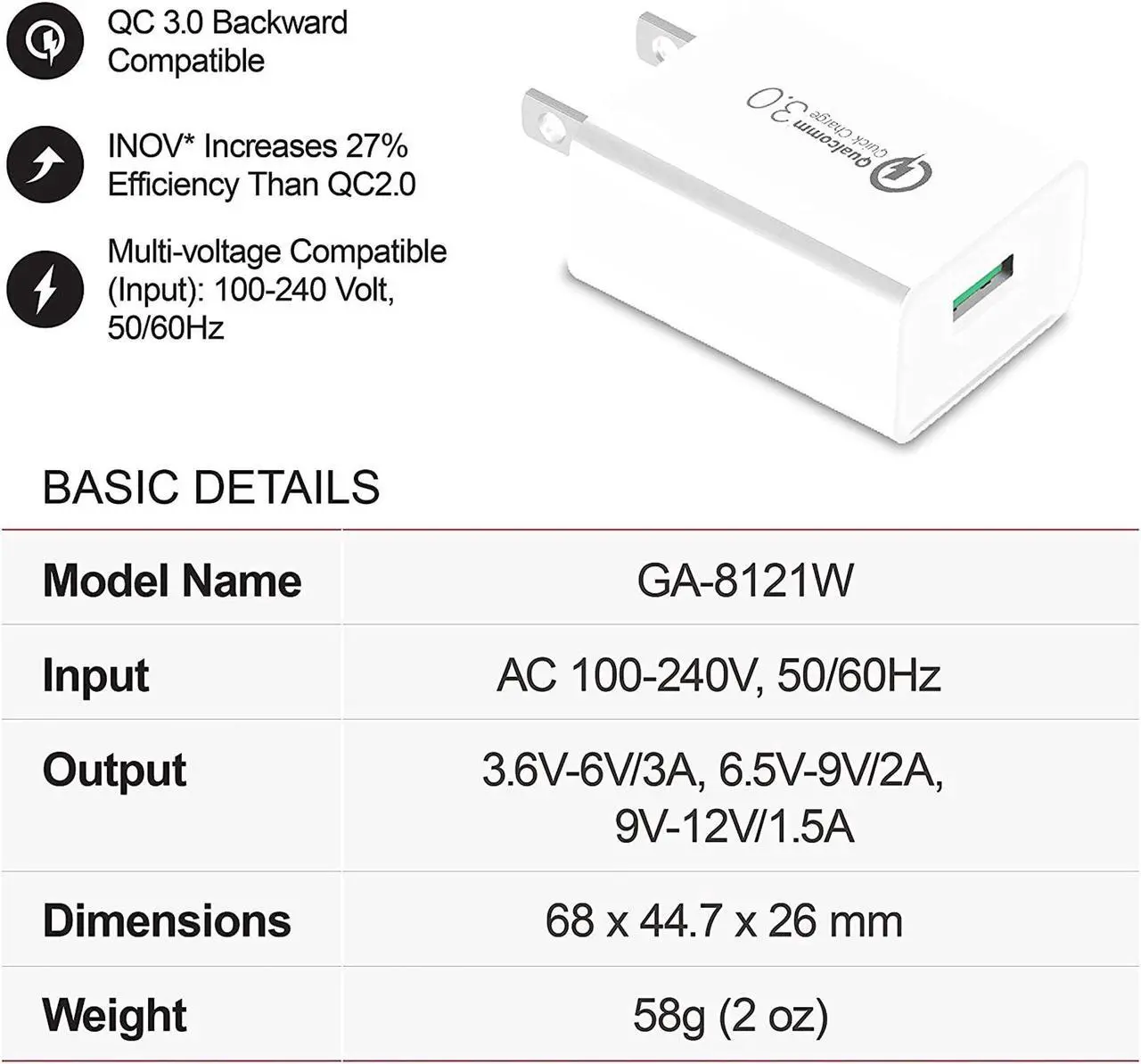 Alt view image 6 of 7 - Gigastone USB 18W Fast Charge Wall Charger with Qualcomm Quick Charge 3.0 - White, 2 Pack
