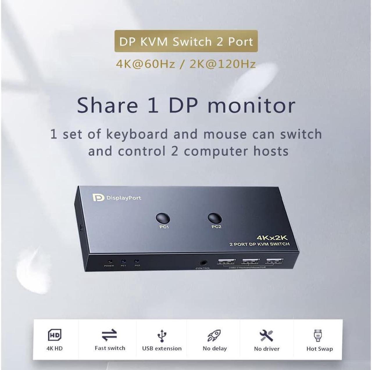 Alt view image 2 of 7 - DisplayPort KVM Switch 2 Port, KVM Switch DisplayPort for 2 Computers Sharing 1 Monitor and 3 USB Devices, Support 4K @60Hz, 2K(2560X1440) @120Hz, with Extended Control Switch and 2 USB Cables