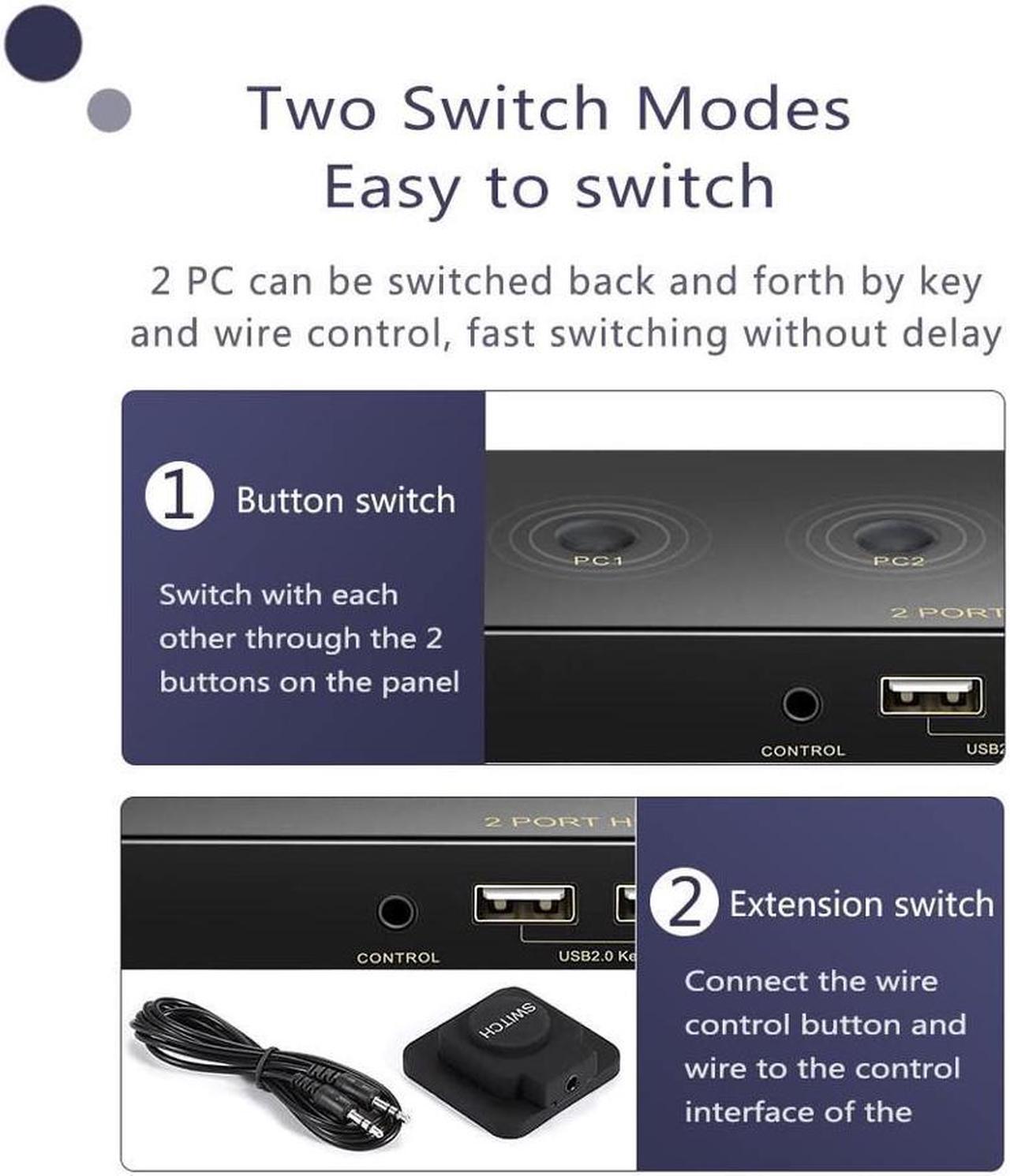 Alt view image 5 of 7 - DisplayPort KVM Switch 2 Port, KVM Switch DisplayPort for 2 Computers Sharing 1 Monitor and 3 USB Devices, Support 4K @60Hz, 2K(2560X1440) @120Hz, with Extended Control Switch and 2 USB Cables