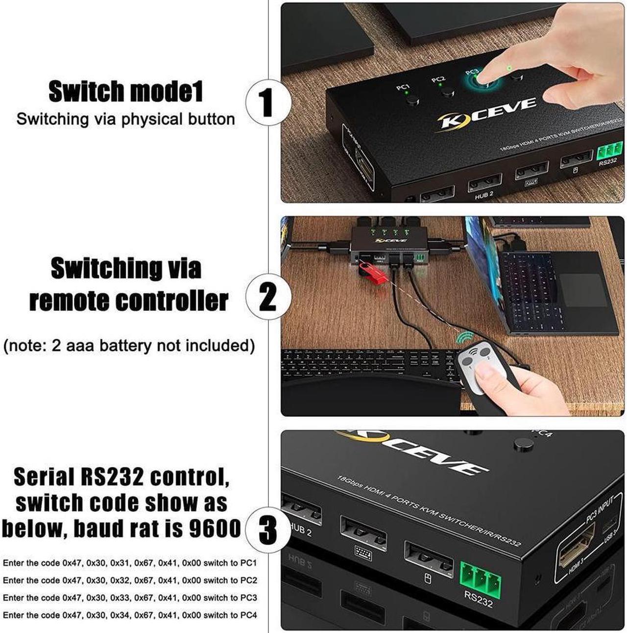 Alt view image 4 of 7 - 4 Port HDMI KVM Switch with Serial Port Control, 4K @60Hz 4 in 1 Out HDMI KVM Switcher Box for Share Mouse Keyboard and Monitor, Can Work with Pi-kvm, Compatible with Windows/Linux/Mac System