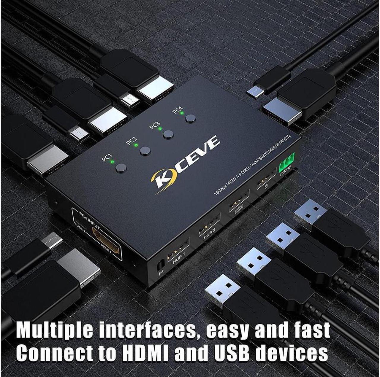 Alt view image 6 of 7 - 4 Port HDMI KVM Switch with Serial Port Control, 4K @60Hz 4 in 1 Out HDMI KVM Switcher Box for Share Mouse Keyboard and Monitor, Can Work with Pi-kvm, Compatible with Windows/Linux/Mac System