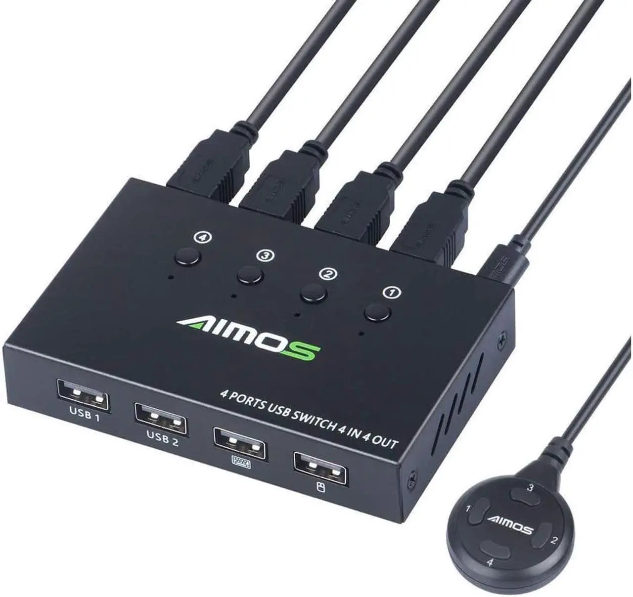 Main image of USB Switch Selector 4 Port, USB KVM Switcher 4 Computers Sharing 4 USB Devices One-Button Swapping, for Share Mouse, Keyboard, Printer, Scanner, with 4 USB Cables