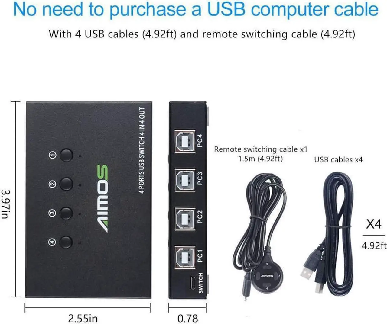 Alt view image 4 of 7 - USB Switch Selector 4 Port, USB KVM Switcher 4 Computers Sharing 4 USB Devices One-Button Swapping, for Share Mouse, Keyboard, Printer, Scanner, with 4 USB Cables