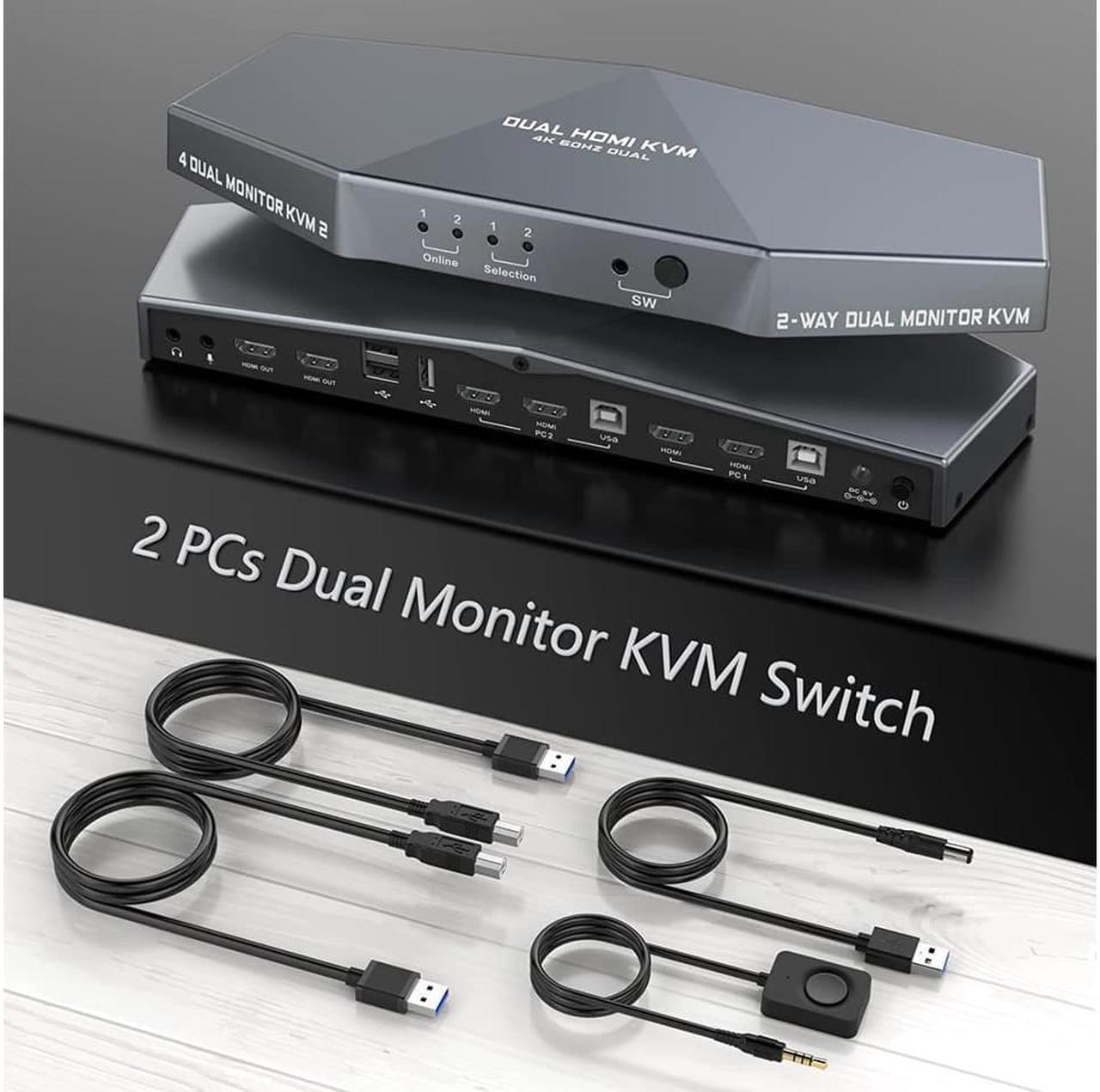 Main image of KVM Switch 4K @60Hz 2 PCs Dual Monitor, Dual Monitor Suitable HDMI KVM Switch for 2 Computers + 2 Monitors with Audio, USB Powered, Hotkey Switch, 4K Monitor with Cables