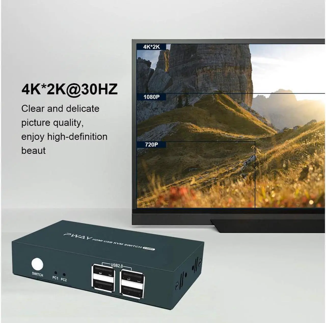 Alt view image 2 of 7 - KVM Switch HDMI, UHD 4K @30Hz, HDMI KVM Switch 2 Port with 4 USB 2.0, Support HDMI Switch for 2 Computers Share Keyboard Mouse Printer and one HD Monitor, with 2 HDMI and 2 USB Cables