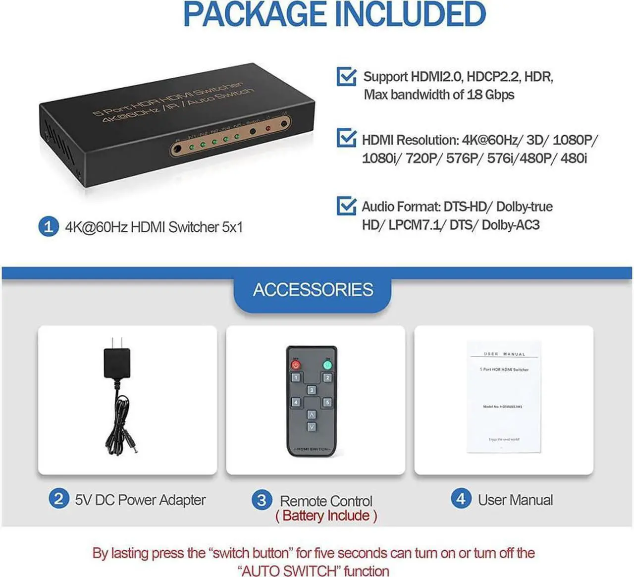 Alt view image 5 of 7 - 4K @60HZ HDMI Switch 5x1, HDMI 2.0 Switch 5 in 1 Out, 4K HDMI Switch with Remote Control Support Auto Switch, 3D, HDR 10, 18Gbps, HDCP 2.2 for PS5, Xbox, DVD, Monitor