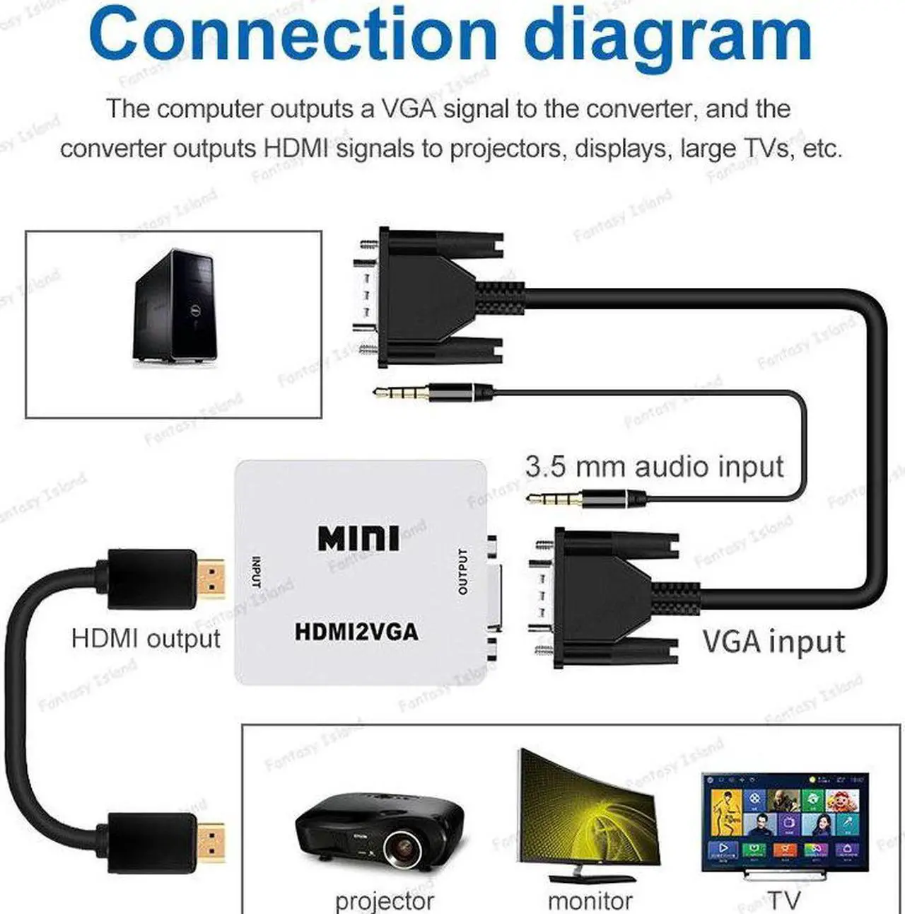 Alt view image 5 of 6 - HW-2107 VGA to HDMI converter with audio VGA to HDMI small white box computer to monitor TV kvm