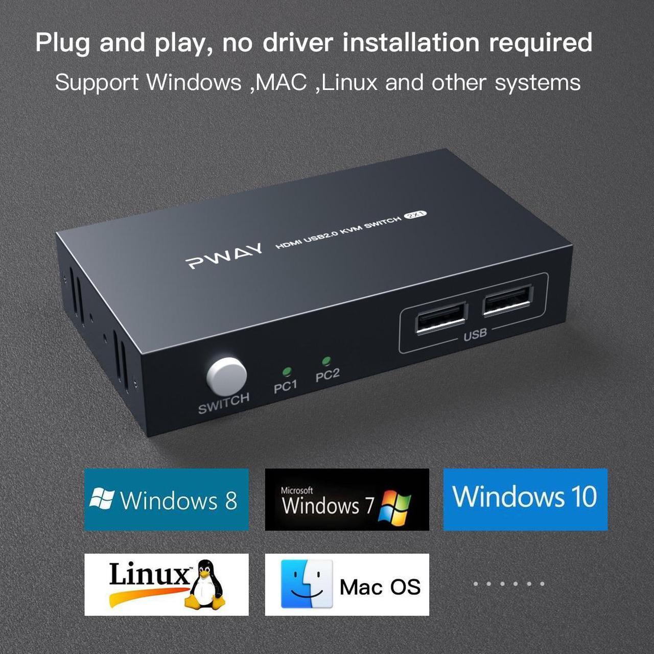 Alt view image 4 of 6 - PWAY USB KVM Switch HDMI Splitter Keyboard And Mouse Switch HD 4K@30Hz 2 In 1 Out With 4PC USB Port Hub For PC Macbook Laptop