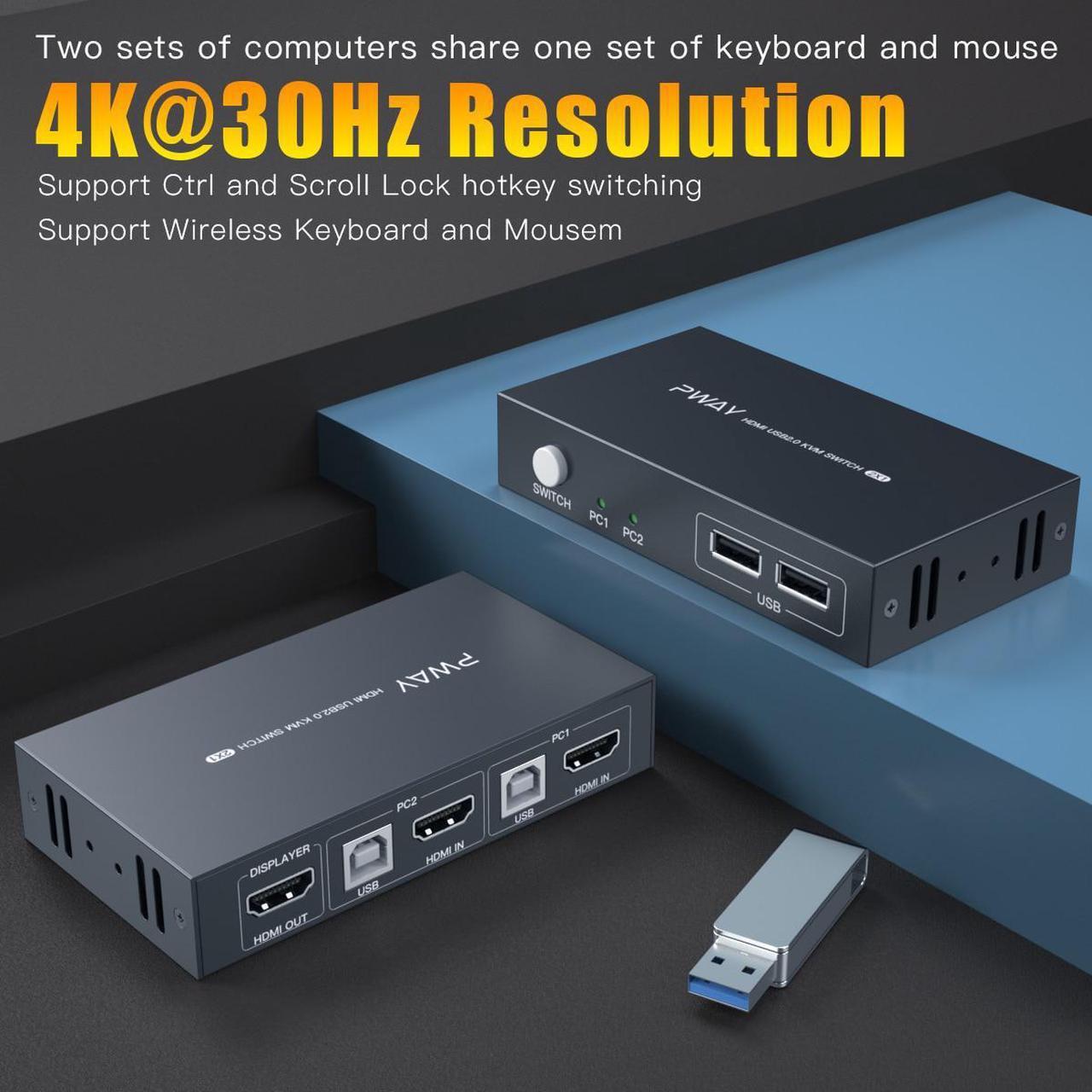Alt view image 2 of 6 - PWAY USB KVM Switch HDMI Splitter Keyboard And Mouse Switch HD 4K@30Hz 2 In 1 Out With 4PC USB Port Hub For PC Macbook Laptop