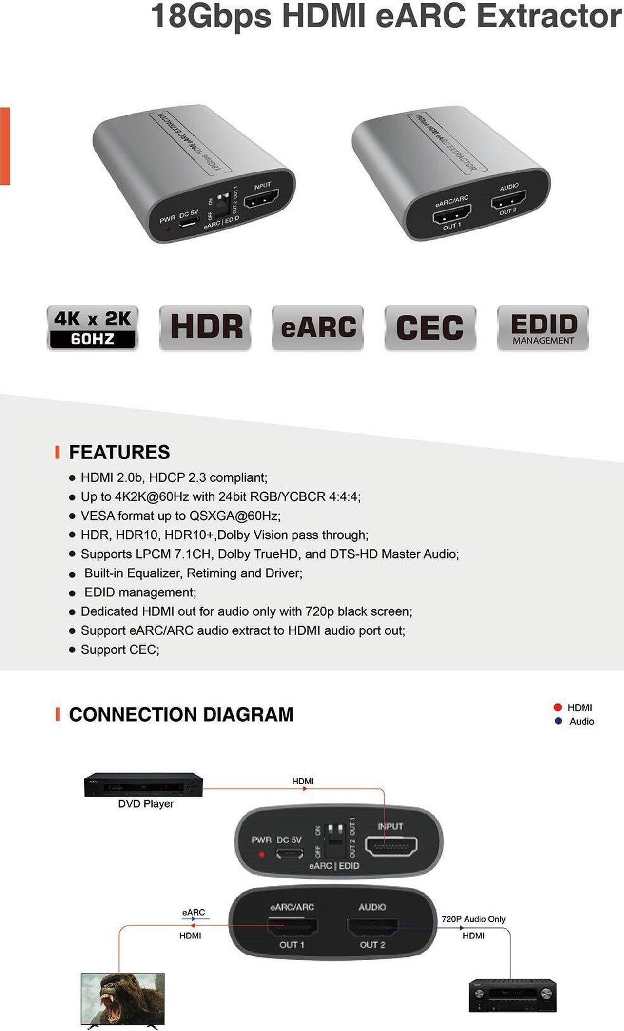 Alt view image 6 of 6 - HD eARC Audio Extractor 4K/60Hz 18Gbps Splitters Adapter HD Audio Extractor eARC loop for Amplifier Soundbar Speaker HDTV