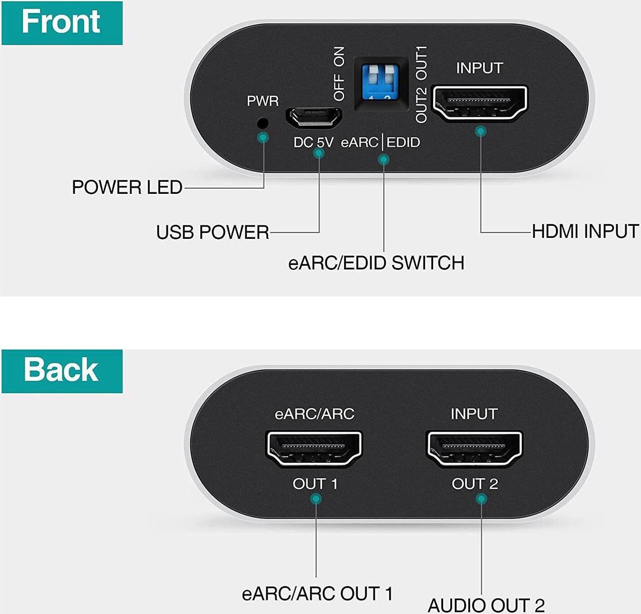 Alt view image 2 of 6 - HD eARC Audio Extractor 4K/60Hz 18Gbps Splitters Adapter HD Audio Extractor eARC loop for Amplifier Soundbar Speaker HDTV