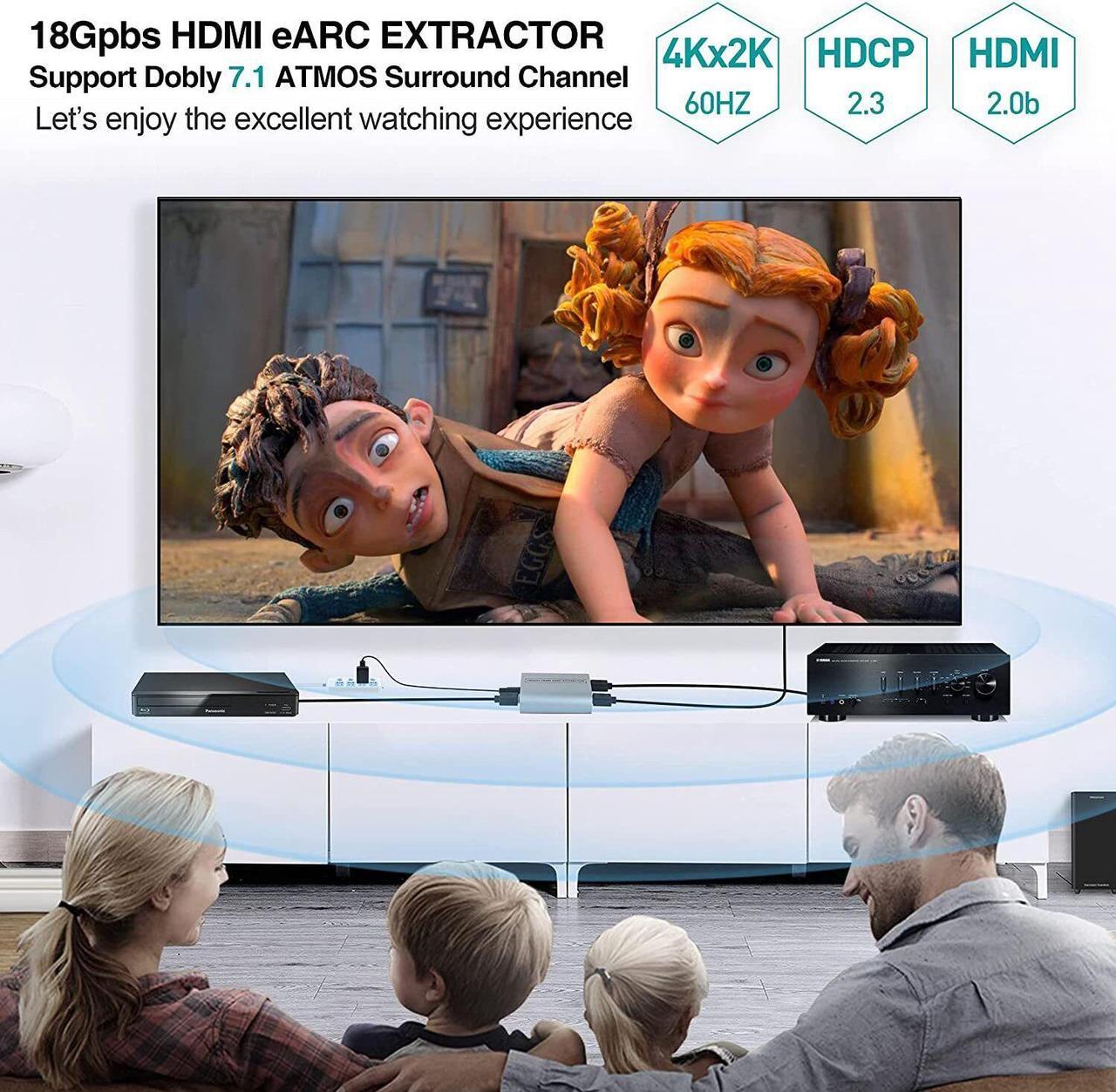 Alt view image 4 of 6 - HD eARC Audio Extractor 4K/60Hz 18Gbps Splitters Adapter HD Audio Extractor eARC loop for Amplifier Soundbar Speaker HDTV