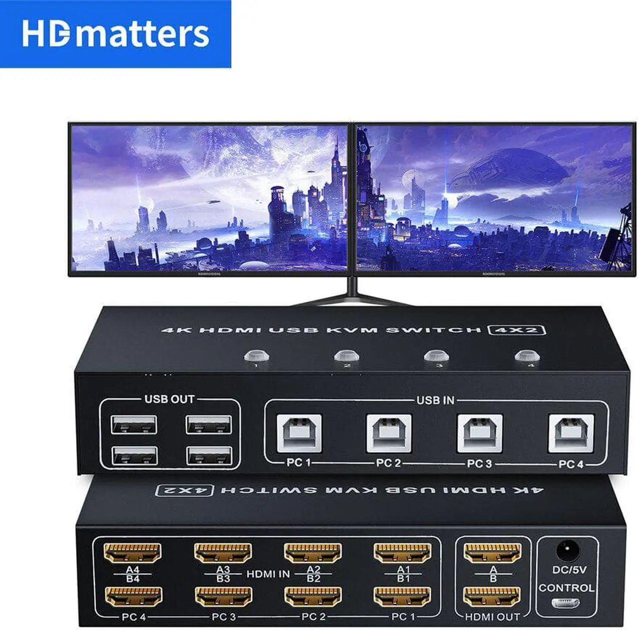 Main image of Dual monitor HDMI KVM Switch 4 port USB HDMI KVM Switch 4K 60Hz KVM HDMI 2.0 Switch Switcher for PC monitor mouse keyboard share