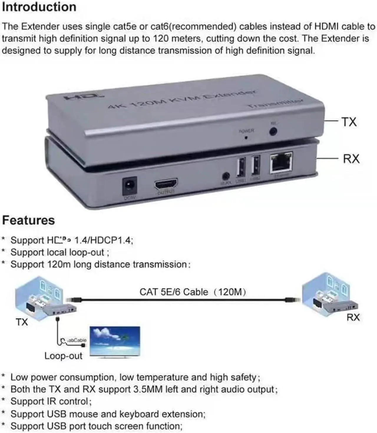Alt view image 2 of 6 - 4K 120M HDMI KVM Extender over Cat5e/6 cable HDMI USB Ethernet Extender Transmit with Loop out IR Control Support Mouse Keyboard