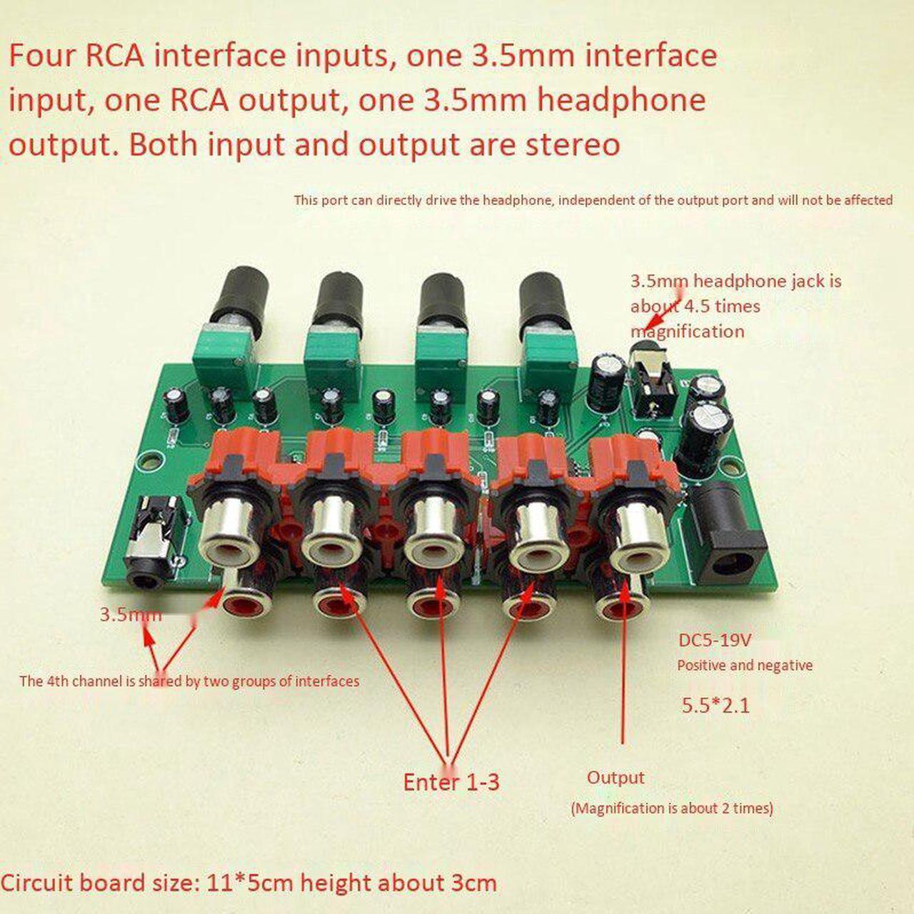 Alt view image 2 of 6 - Multi-Source RCA Mixer Stereo Audio Reverberator Audio Switch Switcher 4 Input 2 Output Driver Headphone Volume Control